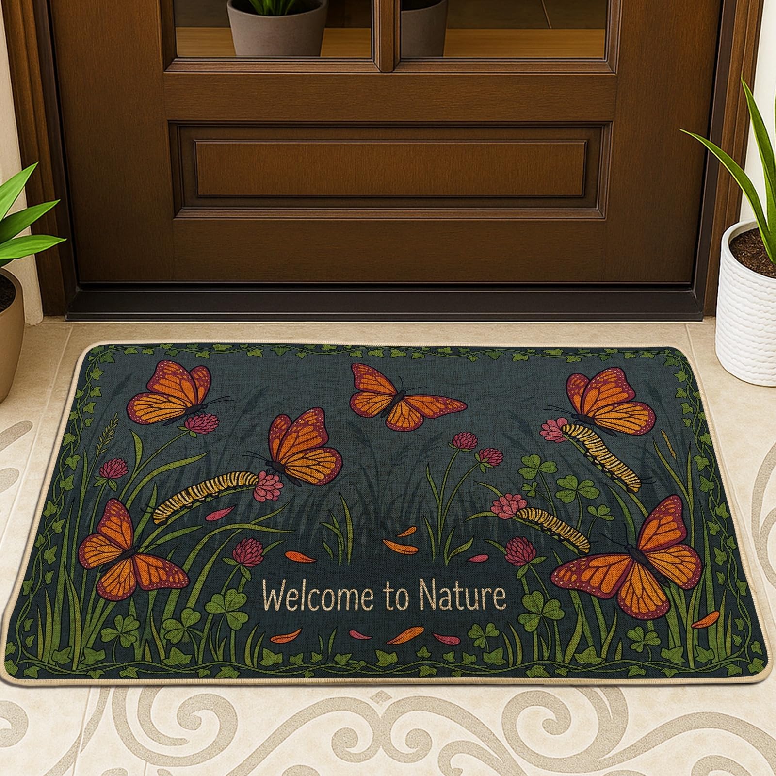 Paillasson lavable profil bas avec motif papillon et fleurs de printemps