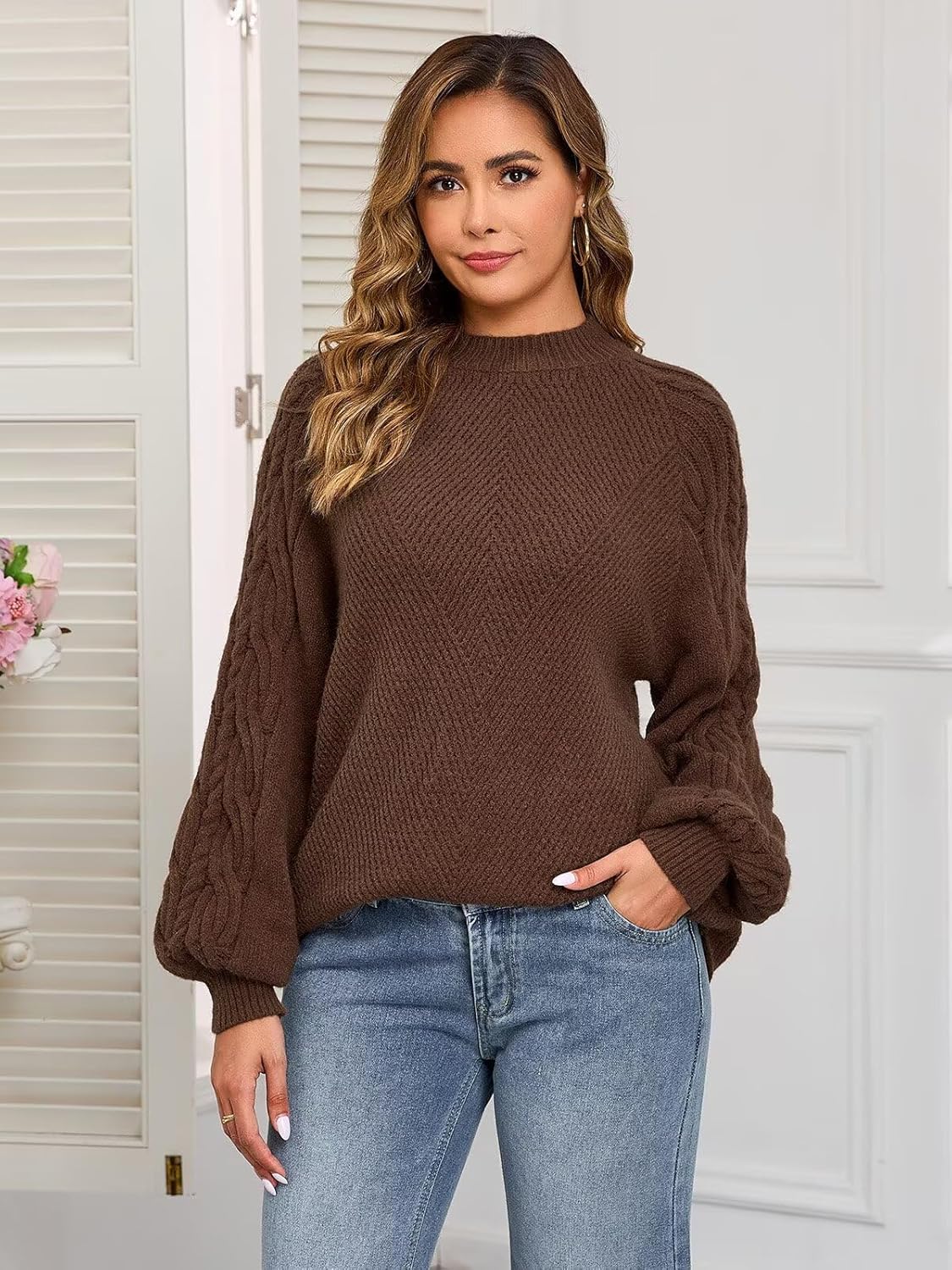 Upopby Women's Fall Winter Cable Knit Sweaters for Women Trendy Lantern Sleeve Chunky Mock Neck Pullover Sweater Tops - Image 8