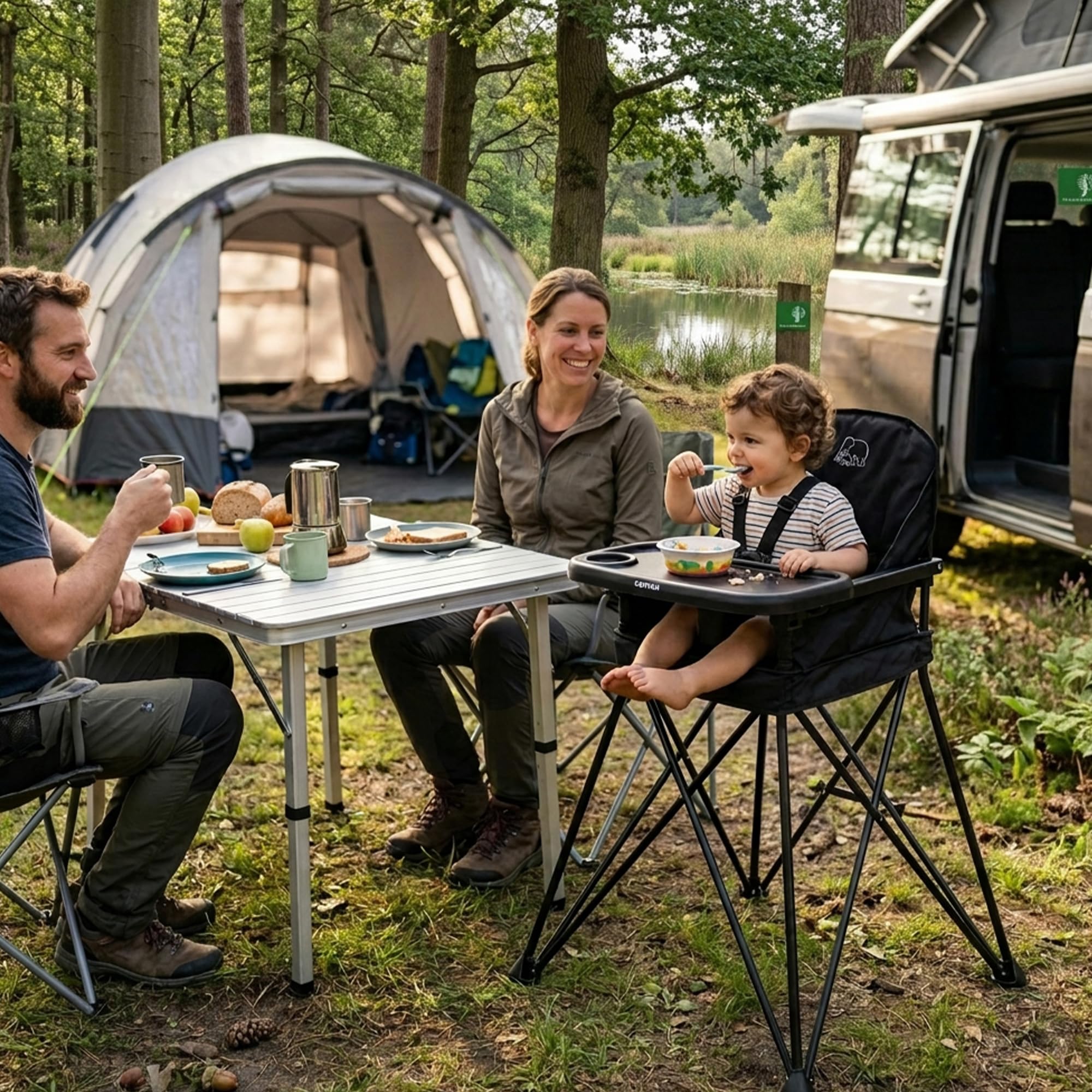 Deryan Pop 'N Sit Trona Plegable con Asiento Incluido, Ligera y Estable, con Bandeja, Lavable, Negro, para Bebés a partir de 6 Meses