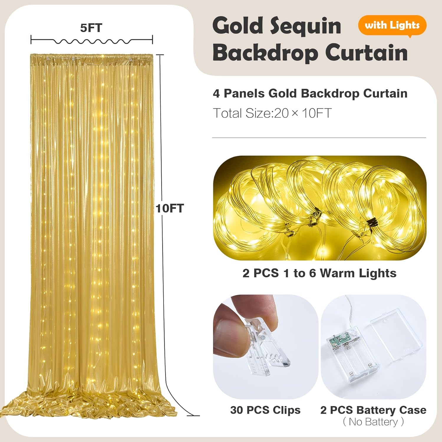 20x10 Gold Sequin Backdrop Curtain with Lights-Wrinkle Free Thick Glitter Backdrop Drapes for Wedding Parties Events Halloween Decor-4 Panels 5×10ft Shimmer Photo Booth Background for Photography