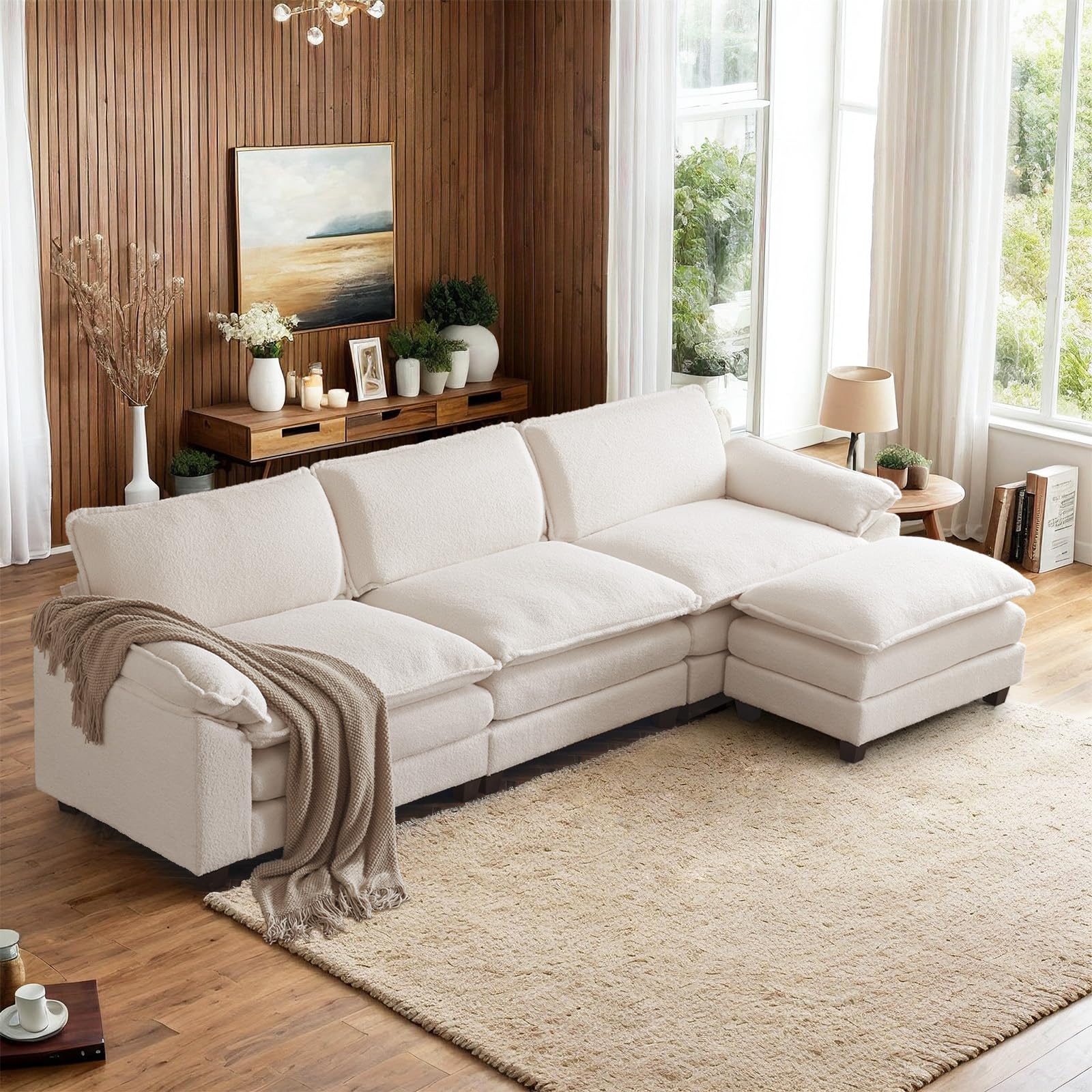 VINGLI 120" Convertible Sectional Sofa,L-Shaped Deep Seat Sofa Couch for Living Room,Modern 3-Seat Sofa with Ottoman for Small Space(White,Faux Sherpa, 120")
