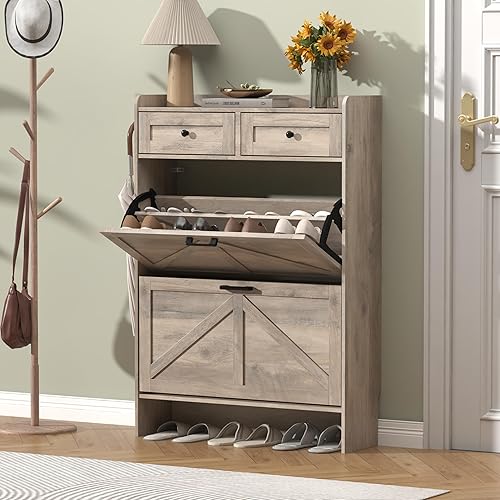 Miniatura 3 de Armario de zapatos con 2 cajones abatibles y 2 cajones de almacenamiento, armario organizador de zapatos estrecho rústico de granja, gabinete