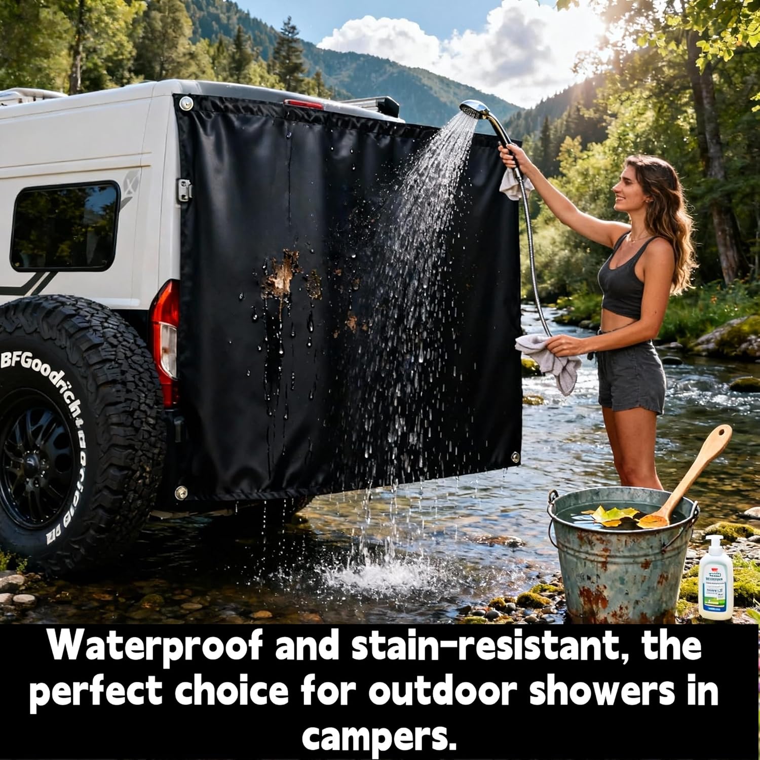 Large Car Curtains 7.5 x 3.6Ft, Magnetic Fixation for RV Truck Camper Van, Waterproof Rear Door Shower Curtain for Outdoor Privacy Protection