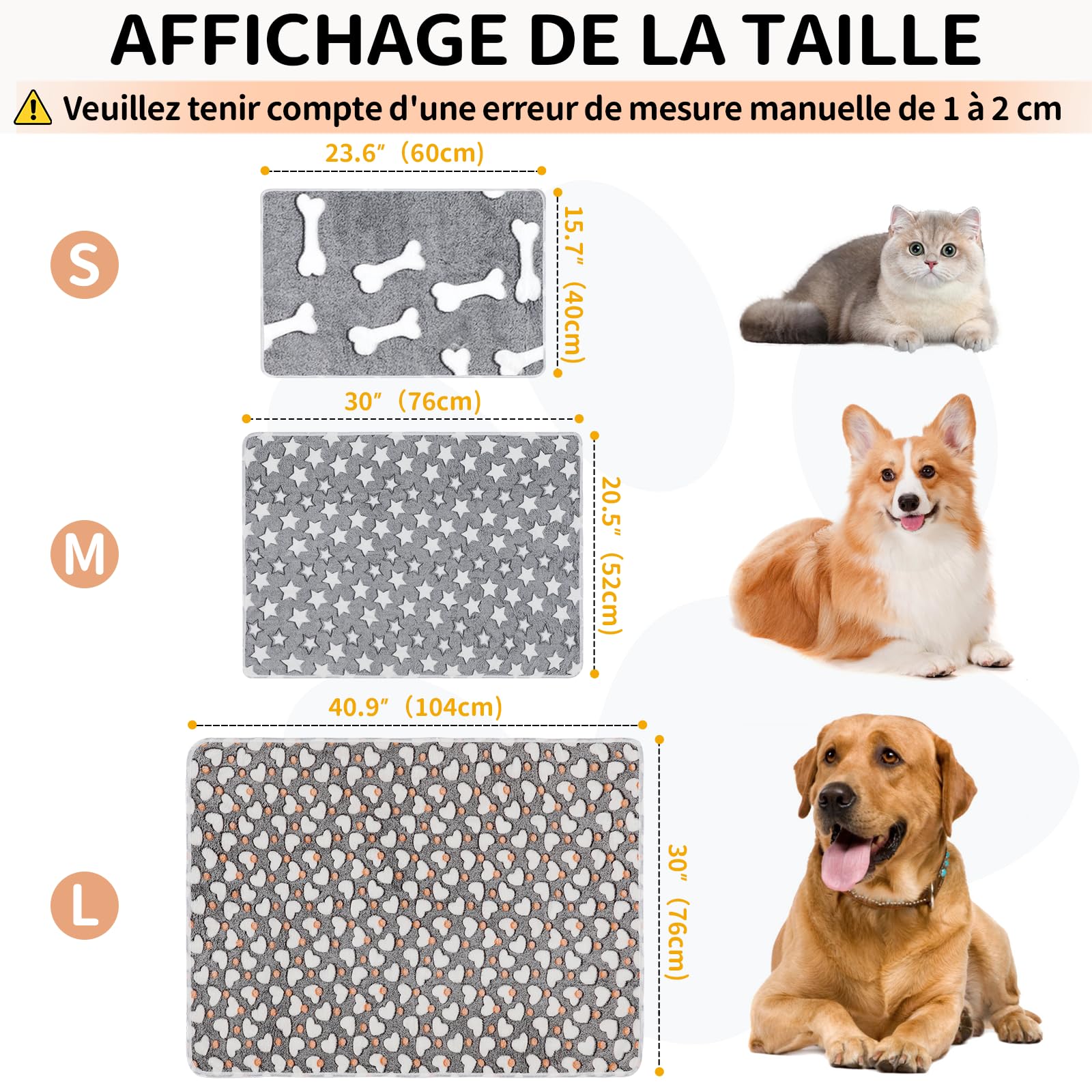 COMSLE Couverture pour Chien Chat Pelucheuse et Lavable, Lot de 3, Plaid Polaire pour Chien Chat de Compagnie pour Canapé/Divan/Lit, Convenant aux Petits et Moyens Chien et Chat Os Gris 40 * 60CM