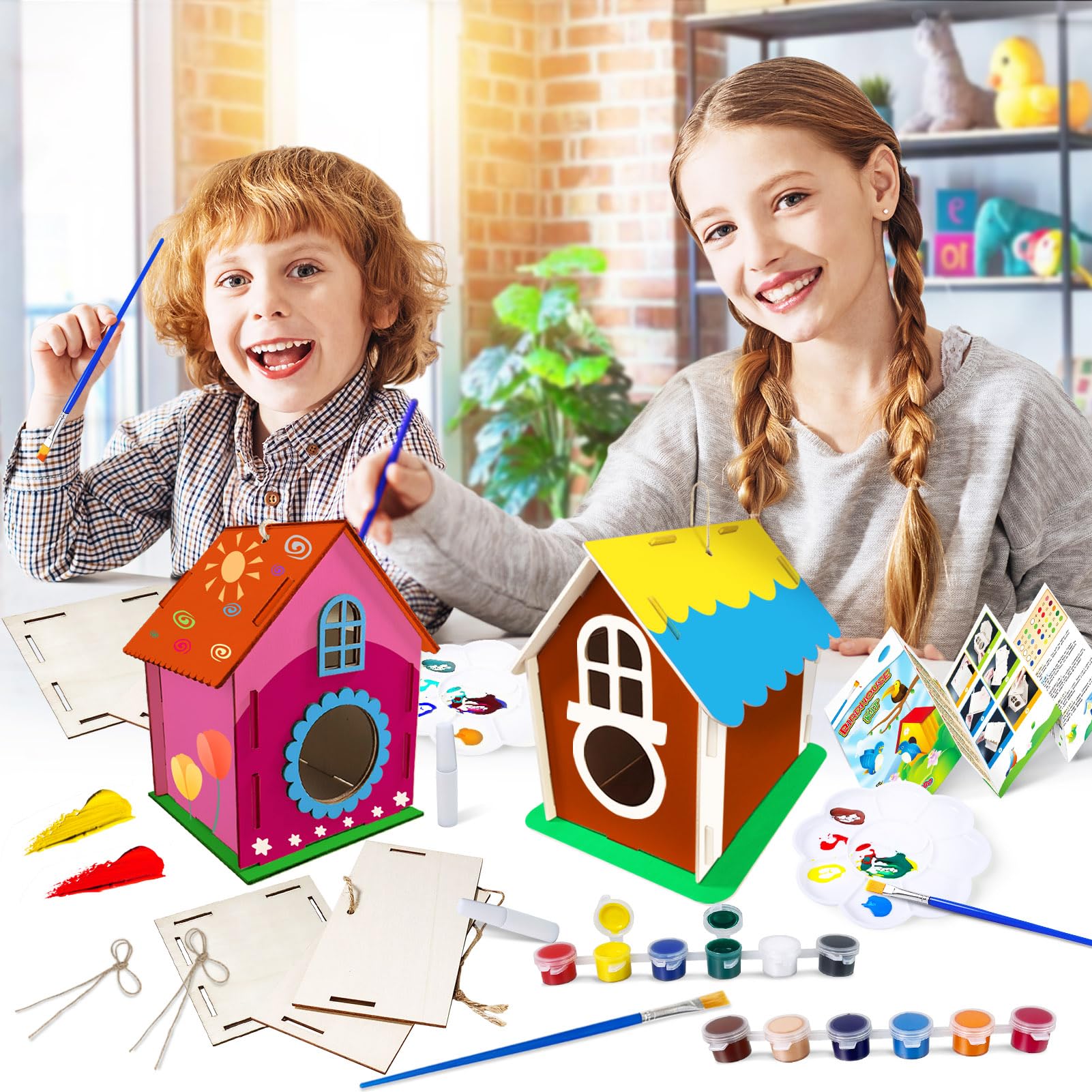Heyzeibo Casitas para Pajaros Exterior - Juego de Bricolaje de 5 Piezas para Niños para Construir y Pintar, Caja de Pájaros para Manualidades Niños, Regalos de Pascua para Niñas
