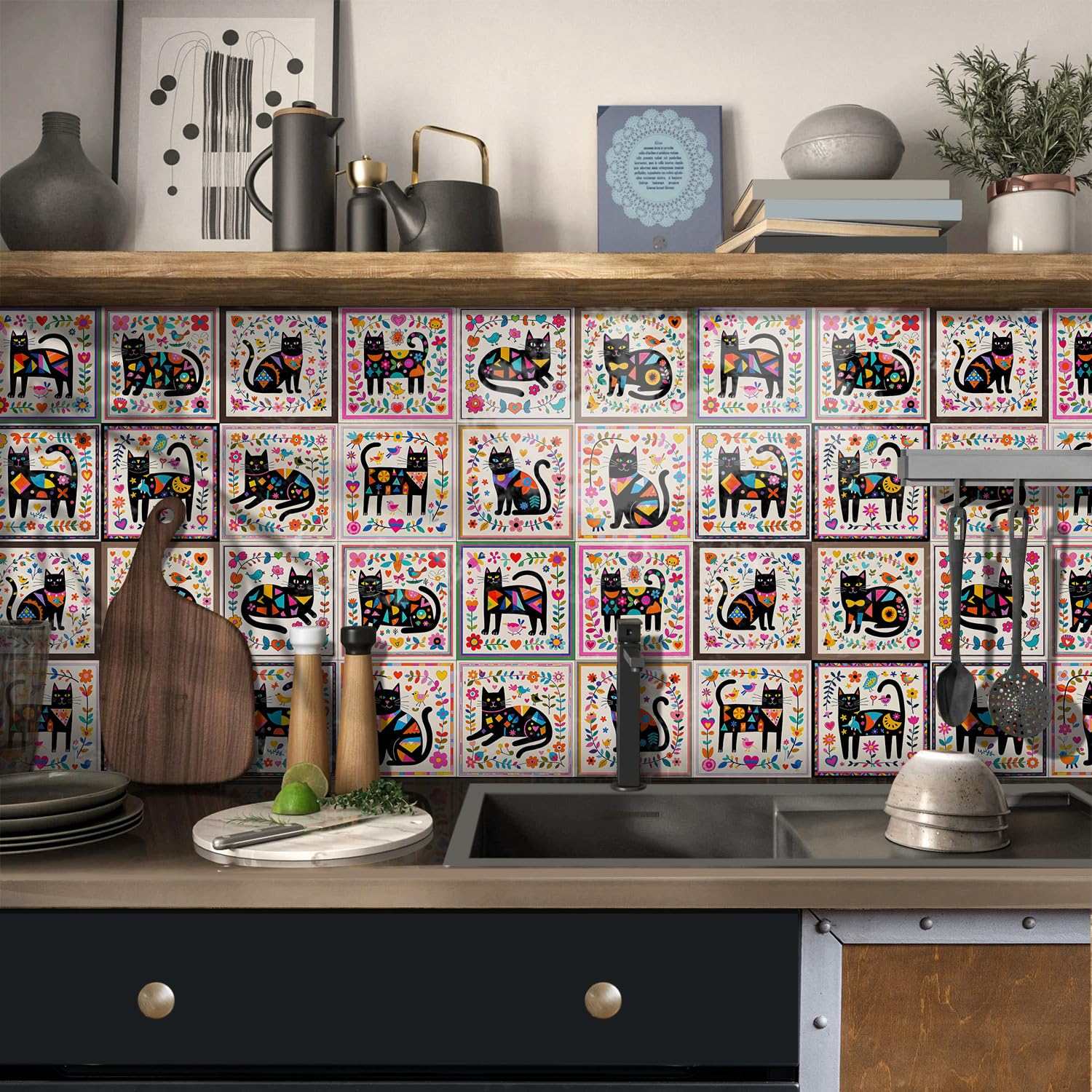 LMYSXAOZ Tile Stickers 20X20CM Colorful Cats Kitchen for Bathroom Stick on Wall Tiles Backsplash Self-Adhesive Vinyl Home Decoration
