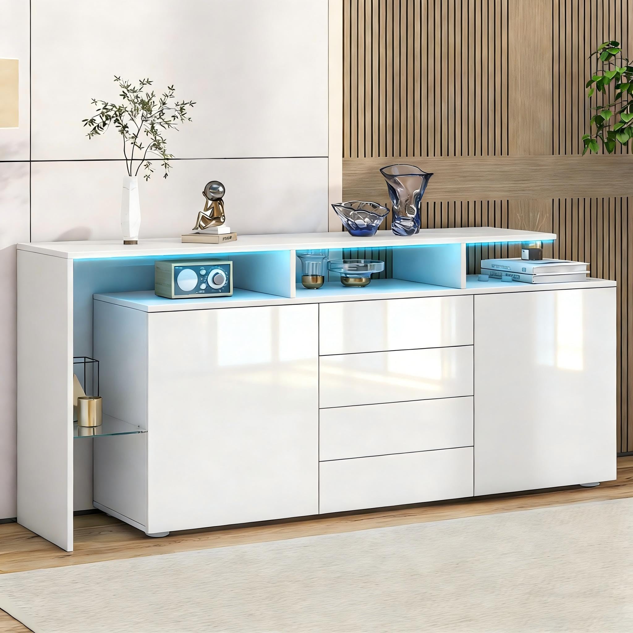 Azkoeesy Credenza, Cassettiera Bianca Lucida con LED 160x35x70 cm, 4 Cassetti, 2 Ante, Mensole in Vetro, Mobile TV Moderno Elegante, Mobile Multifunzione per Soggiorno e Sala da Pranzo