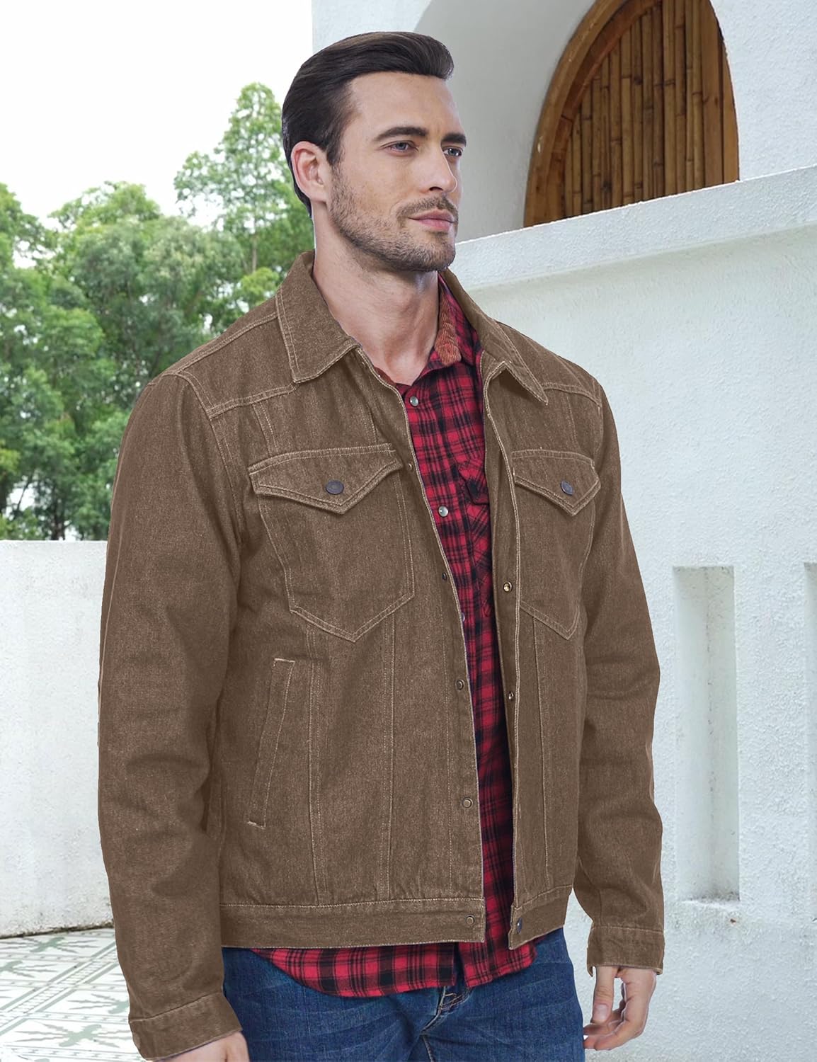 Men's Flannel Lined Denim Jackets Cowboy Cut Western Vintage Rugged Jean Trucker Jacket with Pockets - Image 2