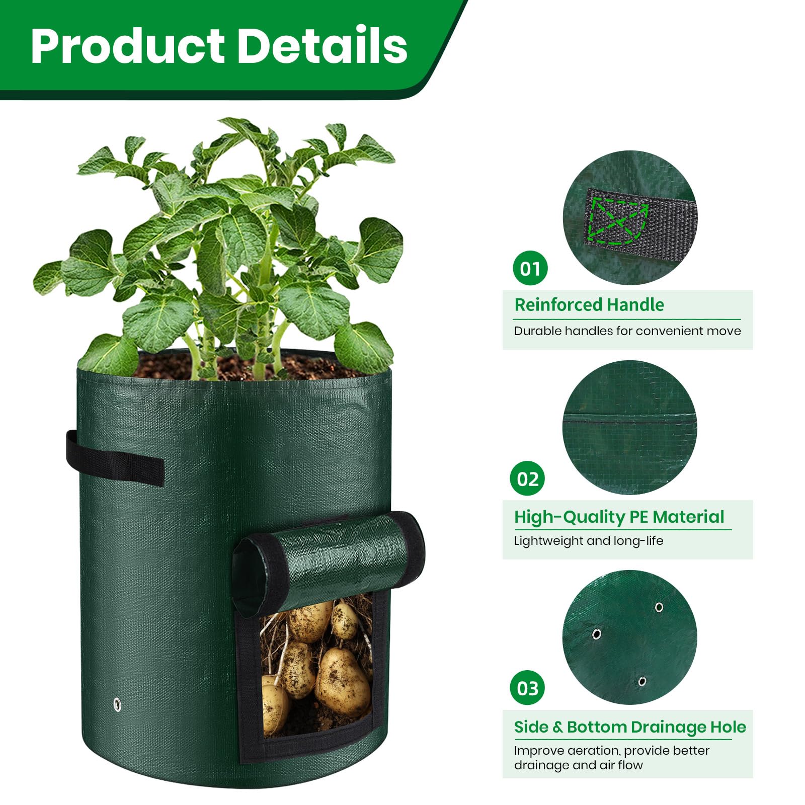 Bolsas de cultivo de 10 galones, bolsa de cultivo de patatas de 10 galones con solapa, macetas de tela de galón, bolsas de cultivo de patatas con palas y rastrillo de mano, bolsas de cultivo de