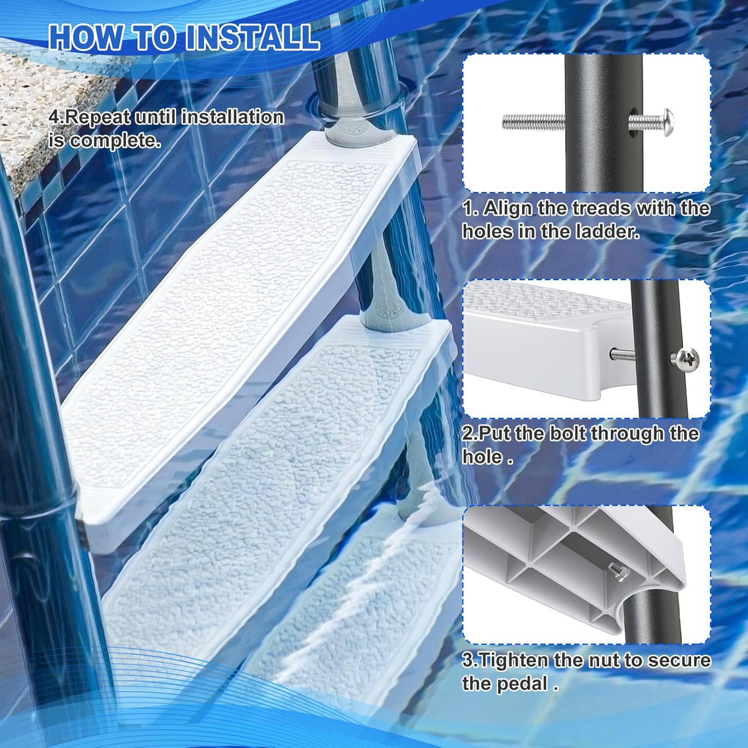 18" Universal Pool Ladder Steps (3-Pack) - Heavy-Duty Molded Plastic Replacement Rungs with Stainless Steel Bolts for Inground/Above Ground Swimming Pools - Includes 6 Bolts & 3 Reflective Strips