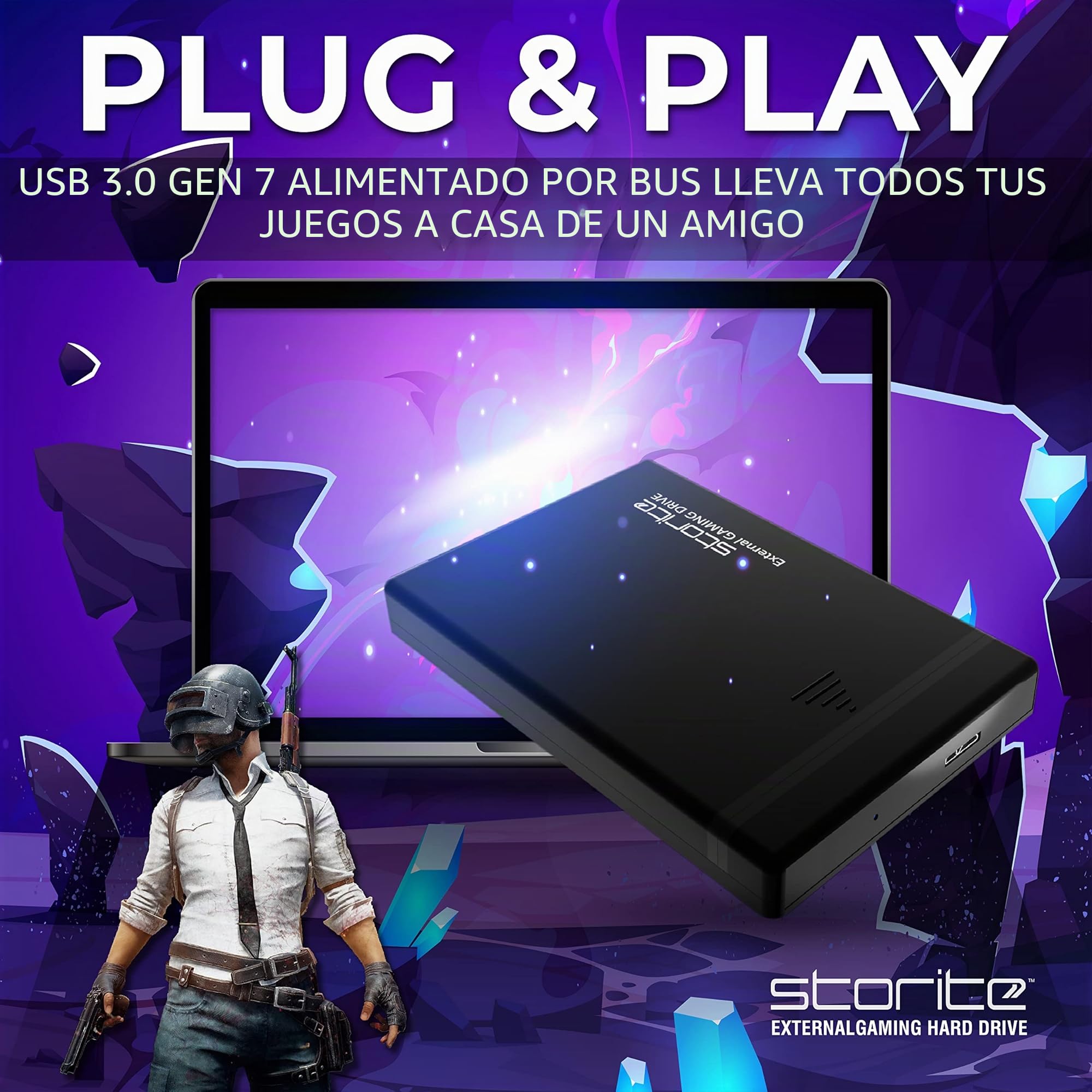 Storite Disco Duro Externo 1 TB para Juegos, USB 3.0, para PC - Negro | Diseño portátil con Plug & Play e indicador LED, ideal para guardar archivos, copias de seguridad y contenido multimedia.
