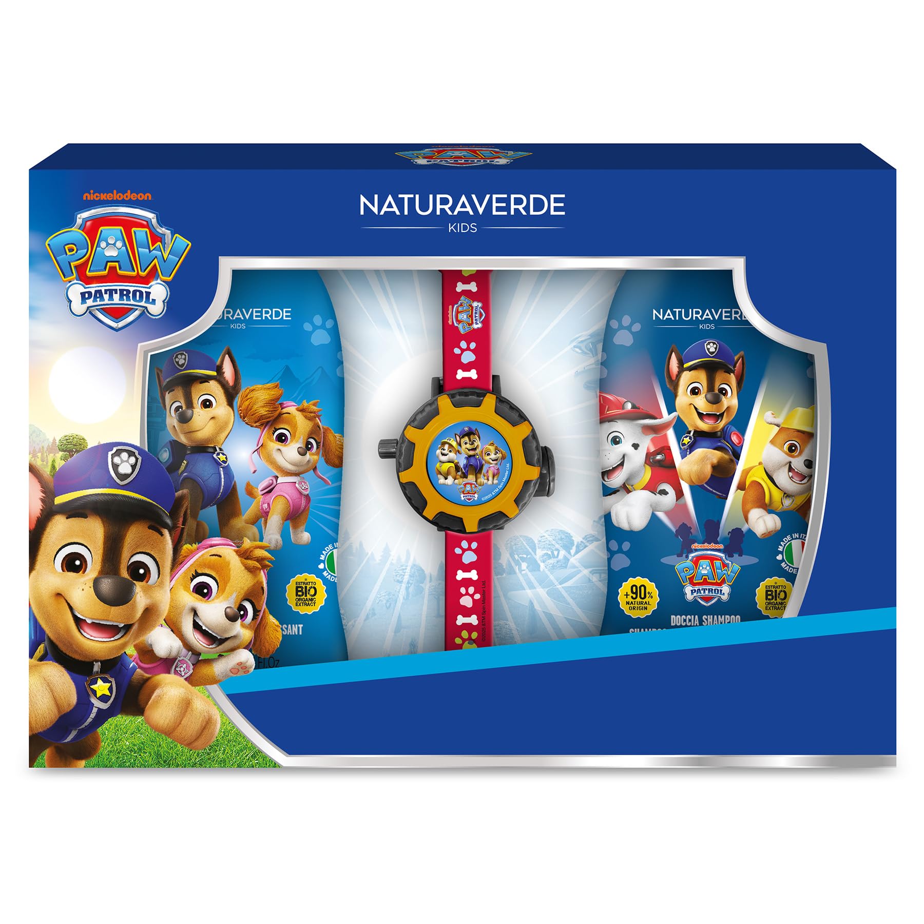 Naturaverde Paw Patrol Gift Set - Doccia Shampoo 250ml, Bagnoschiuma 250ml e Orologio Proiettore da Polso