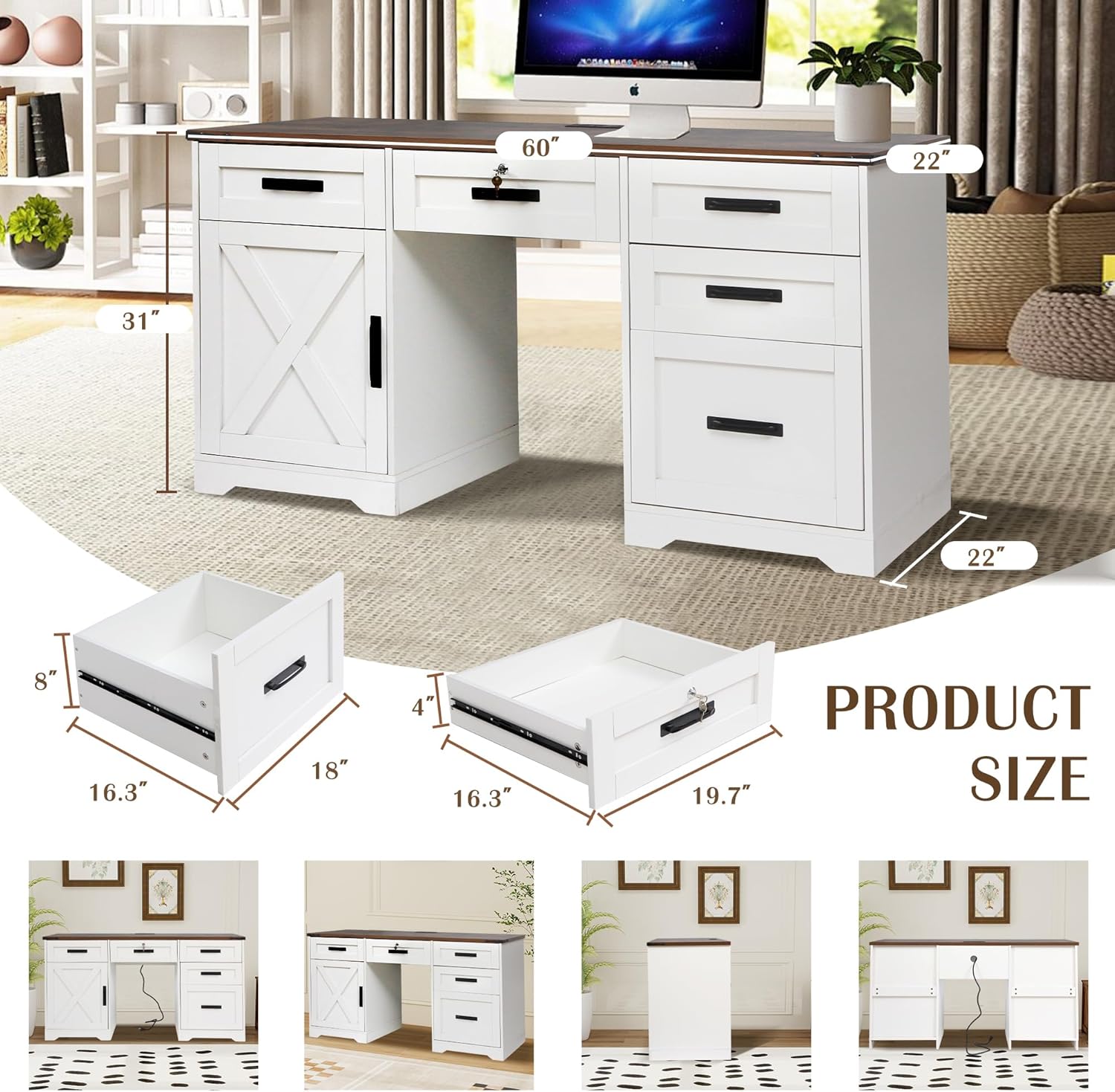 Grepatio 60" Executive Desk with Drawers, Farmhouse Home Office Desk with Charging Station, Filing Cabinet Drawers, Key Lock Drawer, Wood Computer Writing Desk for Work Study, Antique White
