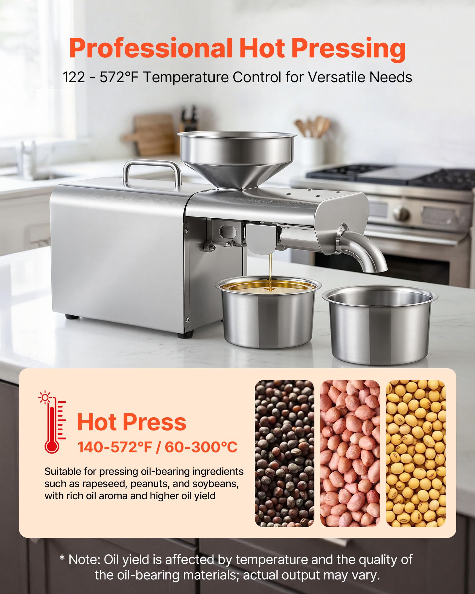 VEVOR Máquina de Prensa de Aceite Eléctrica 750 W, Extractor de Aceite 3,75 kg/h, Prensado en Caliente 50-300 °C, Exprimidor de Acero Inoxidable, Uso Doméstico y Comercial, para Cacahuetes, Soja
