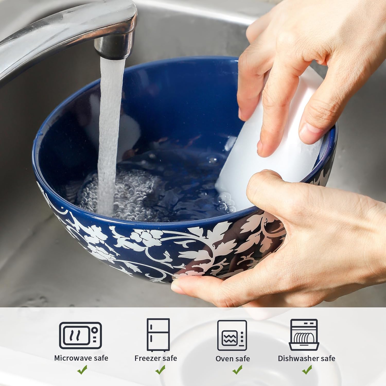 Large Serving Bowls, Ceramic Soup bowls Set of 2, Japanese Style Cereal Bowls, 42 oz Blue and White bowls Serving Dishes for Rice, Salad, Snack, Pho, Pasta, Fruit, Microwave Dishwasher Safe, 7 inch