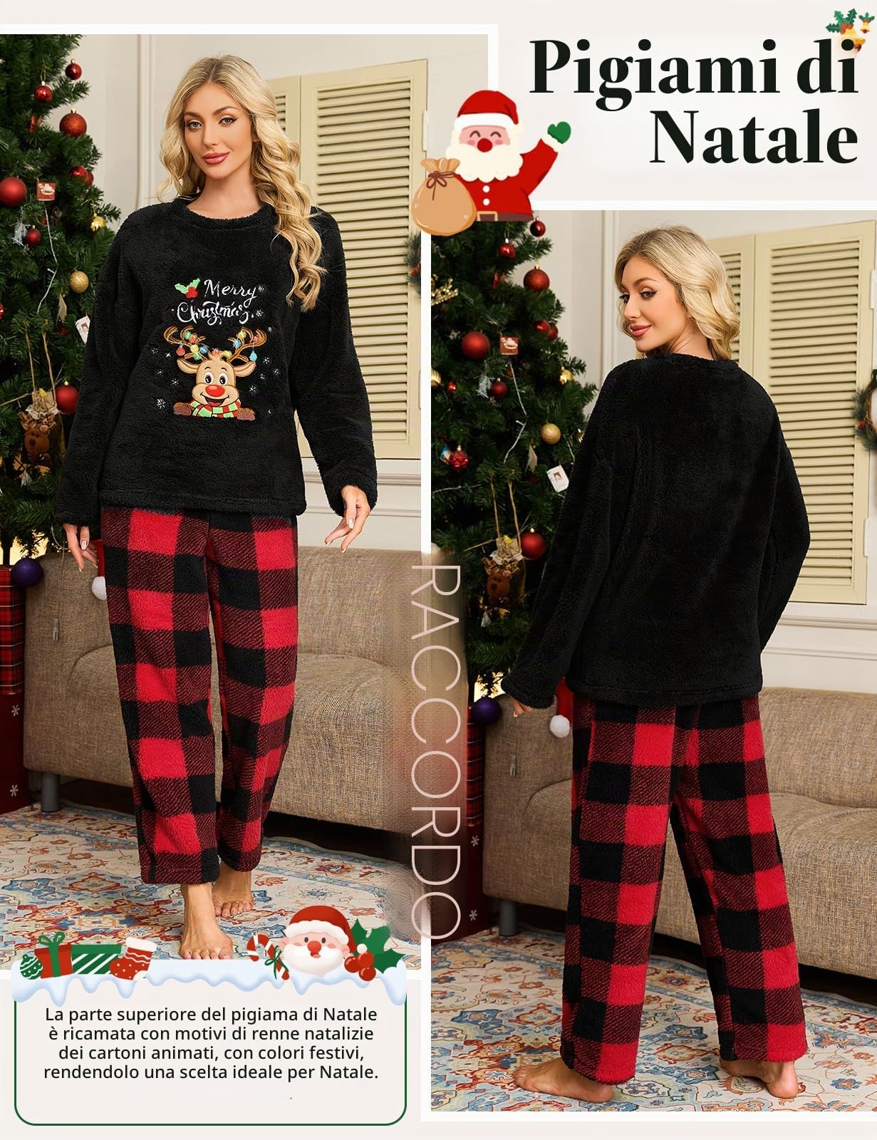 UMIPUBO Pigiama Donna Invernale Natalizio Pile Due Pezzi Caldo Natale Pigiami da Casa Felpato Set Tasche Elegante Manica Lunga e Pantalone Lungo Indumenti da Notte Loungewear Regalo Regali
