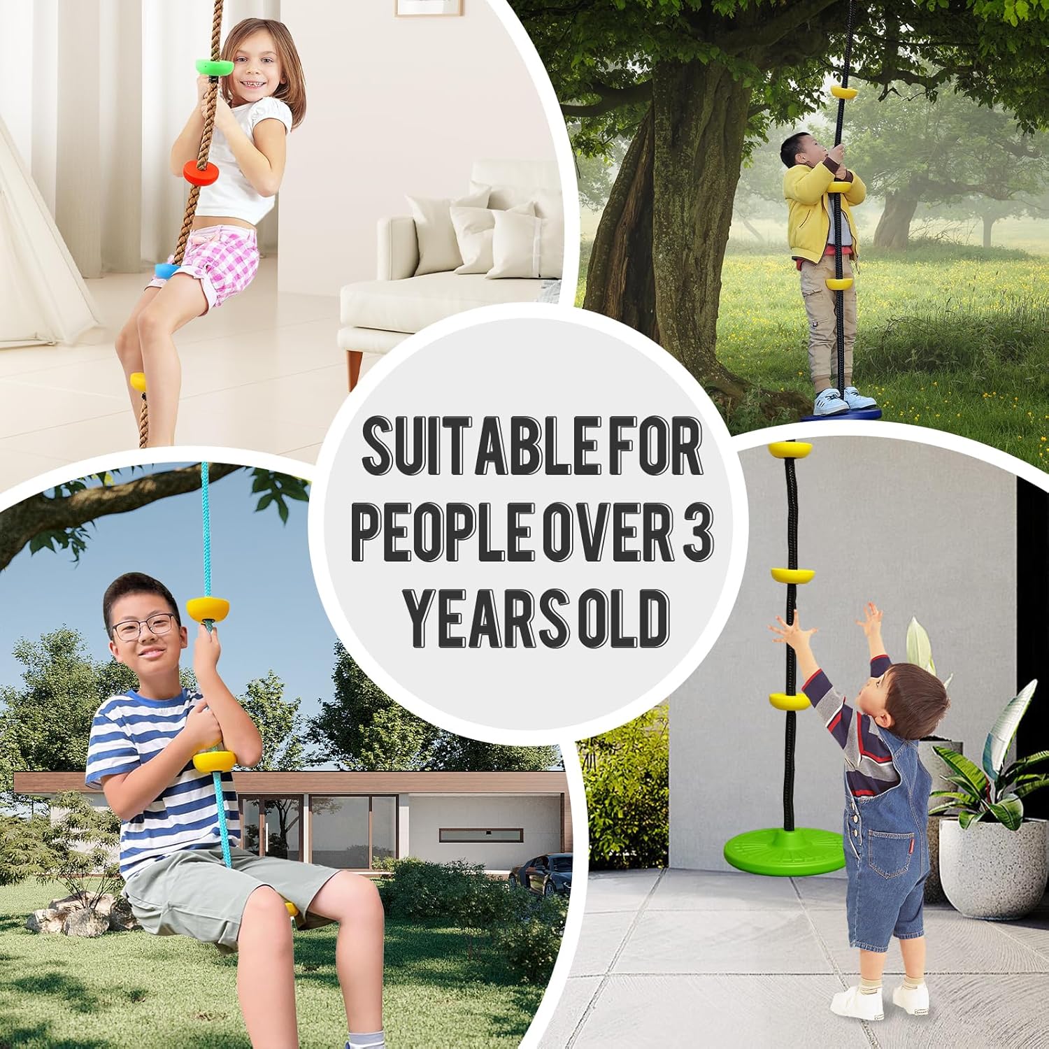 Climbing Rope with Platforms Tree Swing for Kids Disc Swing Seat Set Outdoor Backyard Playground Accessories Including Bonus Hanging Strap & Carabiner