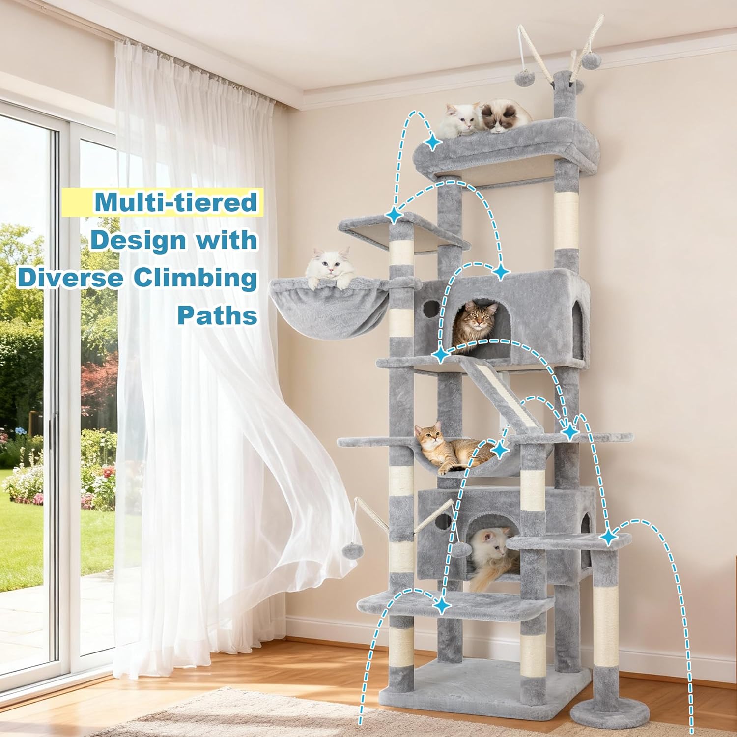 Hey-brother Cat Tree Tower, Sturdy Multi-Level Scratching Posts with Extra Supporting Part, 5 Teaser Toys, 2 Condos, Large Bed, Hammock, Scratch Baord for Indoor Cats, 82.7 Inches, Light Gray MPJ082W