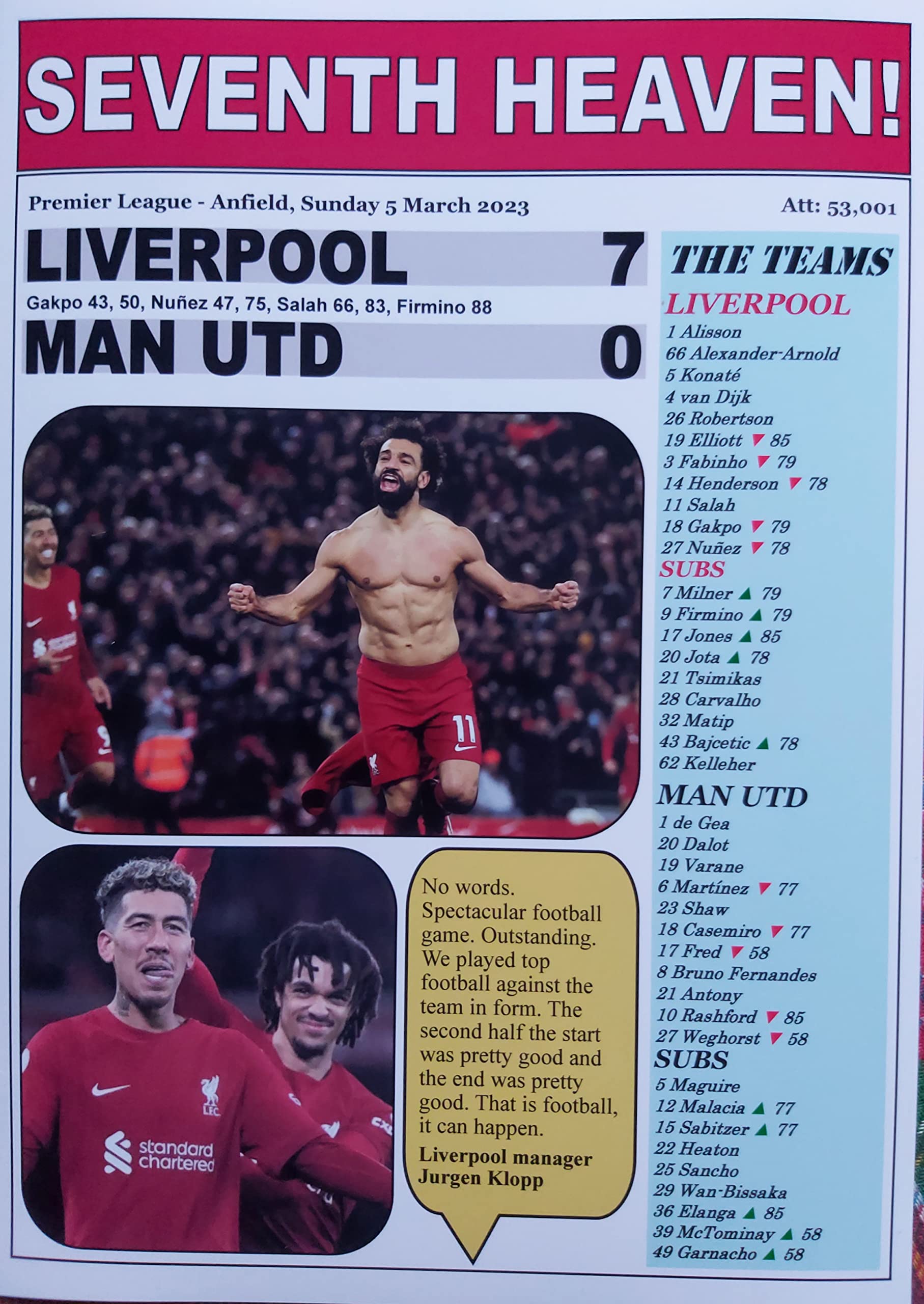 Multicoloured Liverpool 7 Man Utd 0-2023 Premier League - Souvenir Print