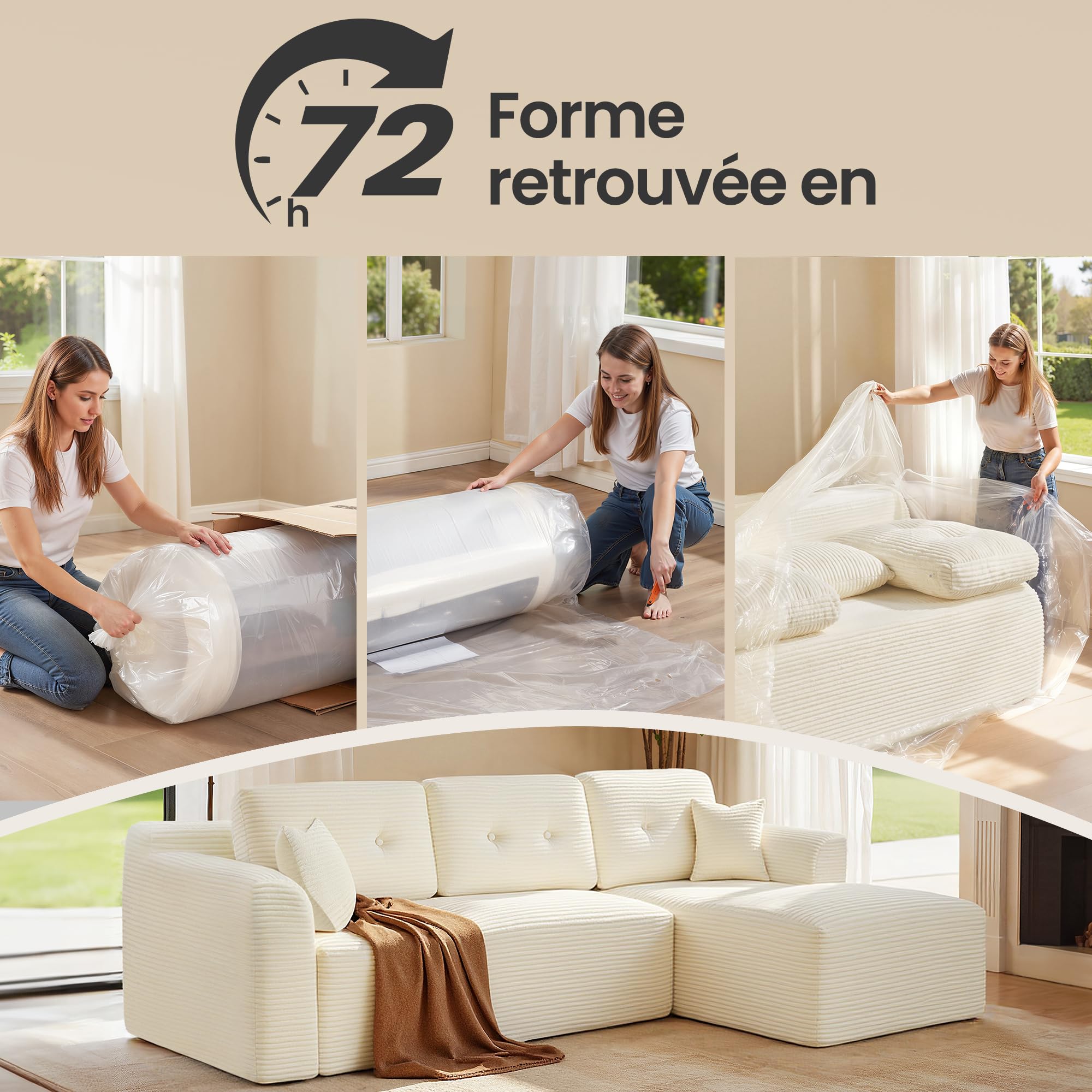 VASAGLE Canapé d’Angle, Canapé Modulable 244 cm, Livré Compressé en Colis, sans Montage, avec Grande Méridienne à Droite, pour Salon, Chambre d’Amis, Blanc Crème LCS184WD01