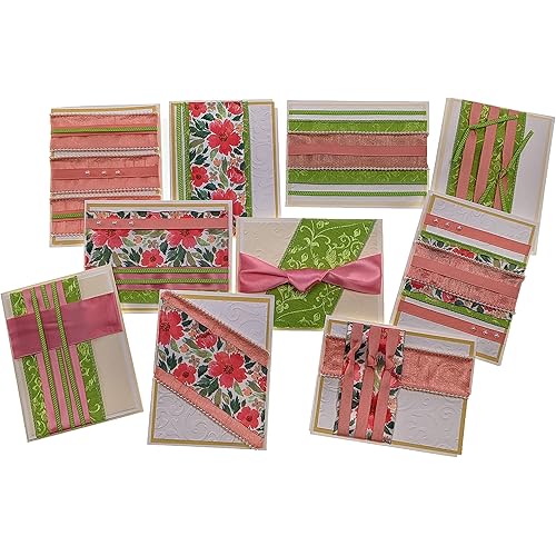 Ribbon Storage, DIY Greeting Card Kit Ribbon Cards Handmade DIY Card Kits Card Making Kit, Thank You & Birthday Cards Card Kit for 10 Project Card (Coral Flowers & Pearls)