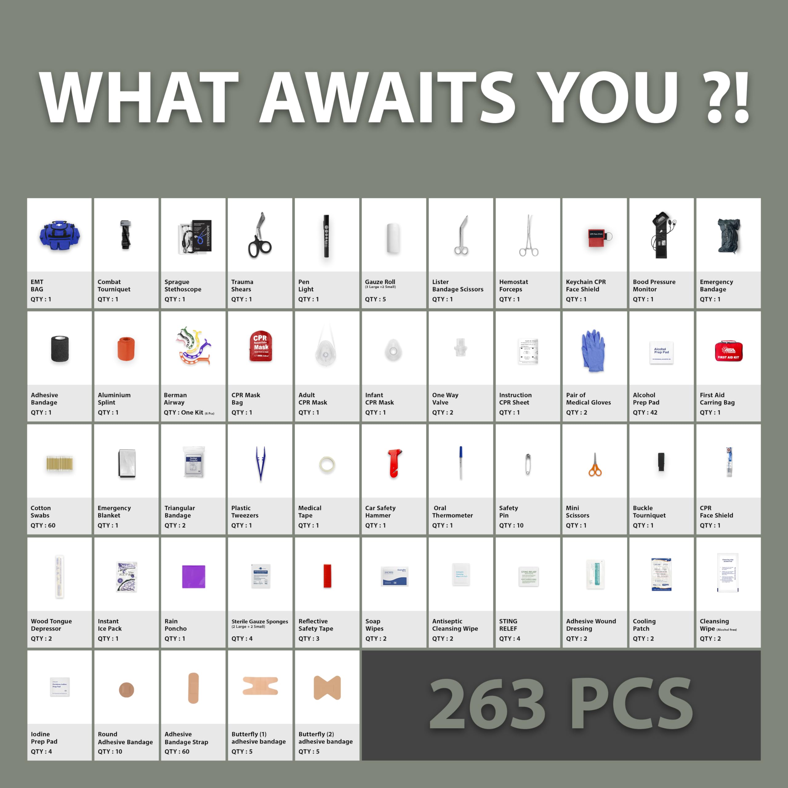 ASA Techmed Emergency Medical Trauma Kit – Fully Stocked First Aid Trauma Kit with 263 Supplies for Hunting, Camping, EMTs, Paramedics, Firefighting, Hiking, Outdoors (Blue)