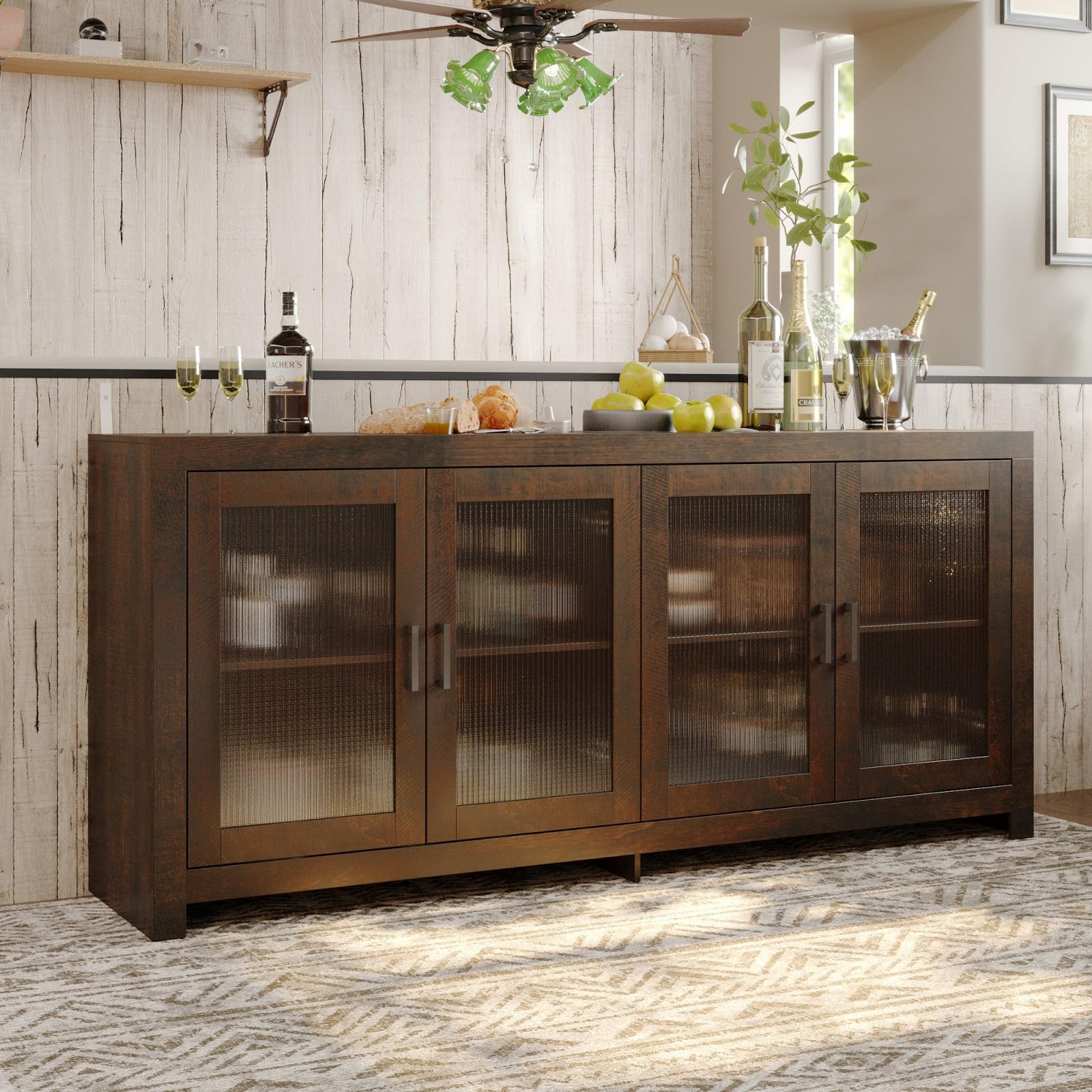 TAMUNE Sideboard Storage Cabinet with Fluted Acrylic Doors, Modern Credenza with Shelves, Buffet Sideboard, Accent Cabinet for Living Room Kitchen,