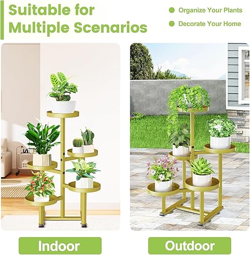 Miniatura 8 de Soporte para plantas de 5 niveles dorado para interiores y exteriores, estante esquinero de metal para múltiples plantas, soporte para macetas,