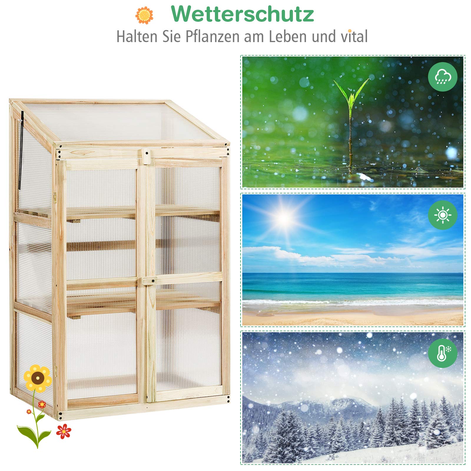 GOPLUS Frühbeet, Frühbeetkasten mit Abdeckung, Gewächshaus aus Tannenholz & Polycarbonat, Hochbeet Treibhaus für Garten & Balkon, 60 x 45 x 100 cm