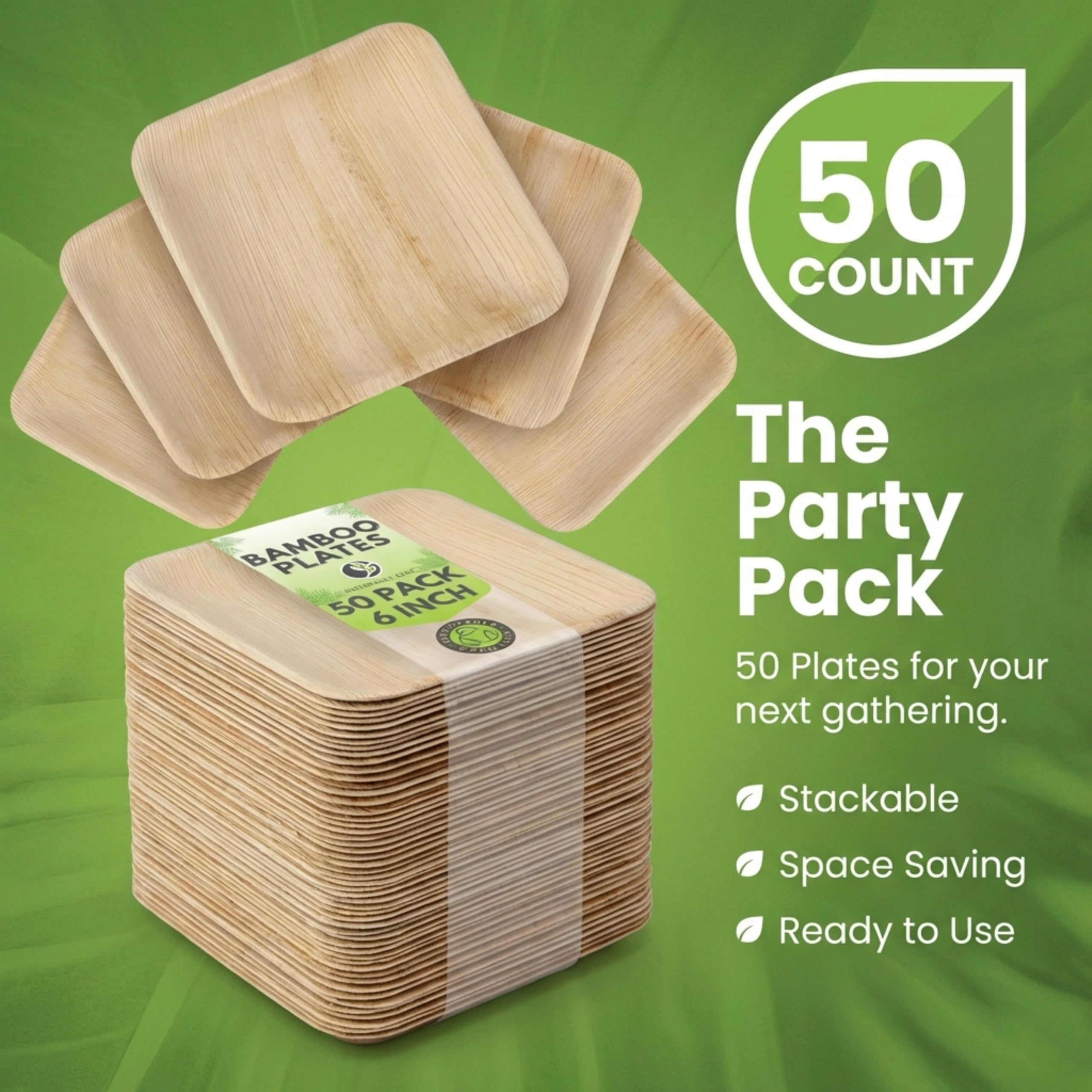 Platos de postre cuadrados pequeños de 6 pulgadas, paquete de 50 unidades, iguales que los platos de bambú desechables para aperitivos y cócteles, compostables y ecológicos