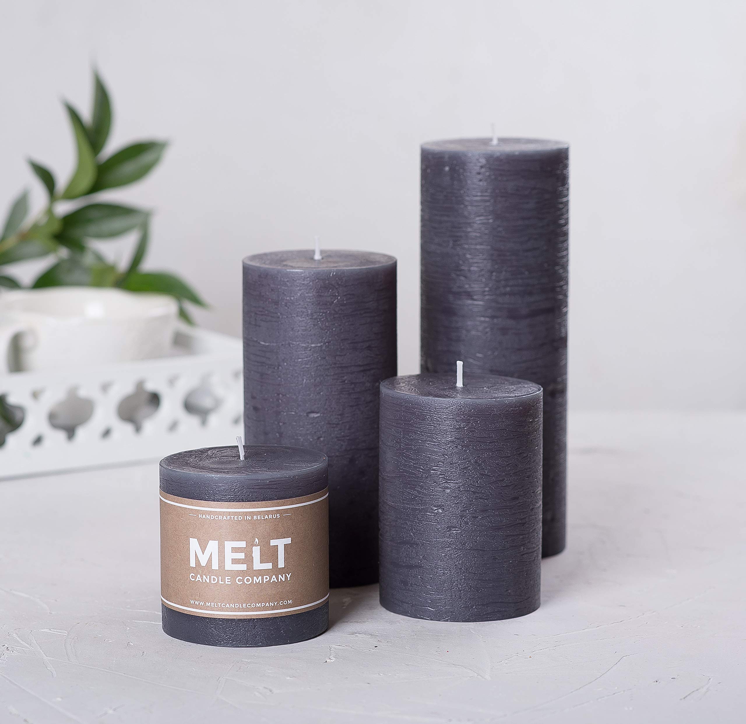 Melt Candle Company Set di 3 Grigio Scuro, 7,5 x 10 cm Candele a colonnasenza Profumo per Matrimoni ristoranti Decorazione Terme chiese stoppini in Cotone Senza Fumo