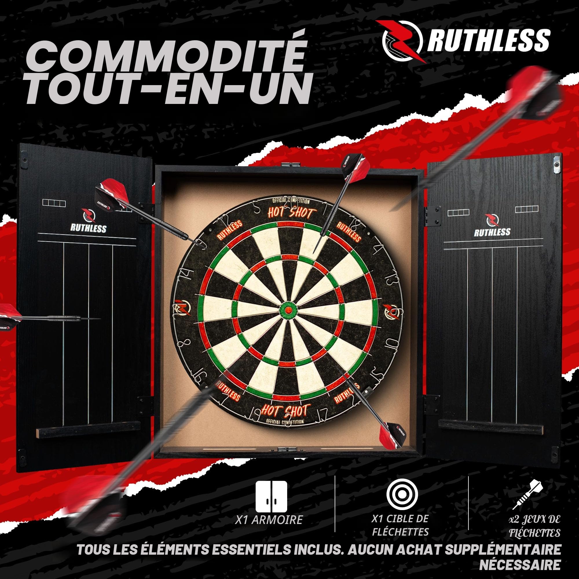 Ruthless Home Darts Centre CAB518 Cible de fléchettes avec armoire, 2 jeux de fléchettes