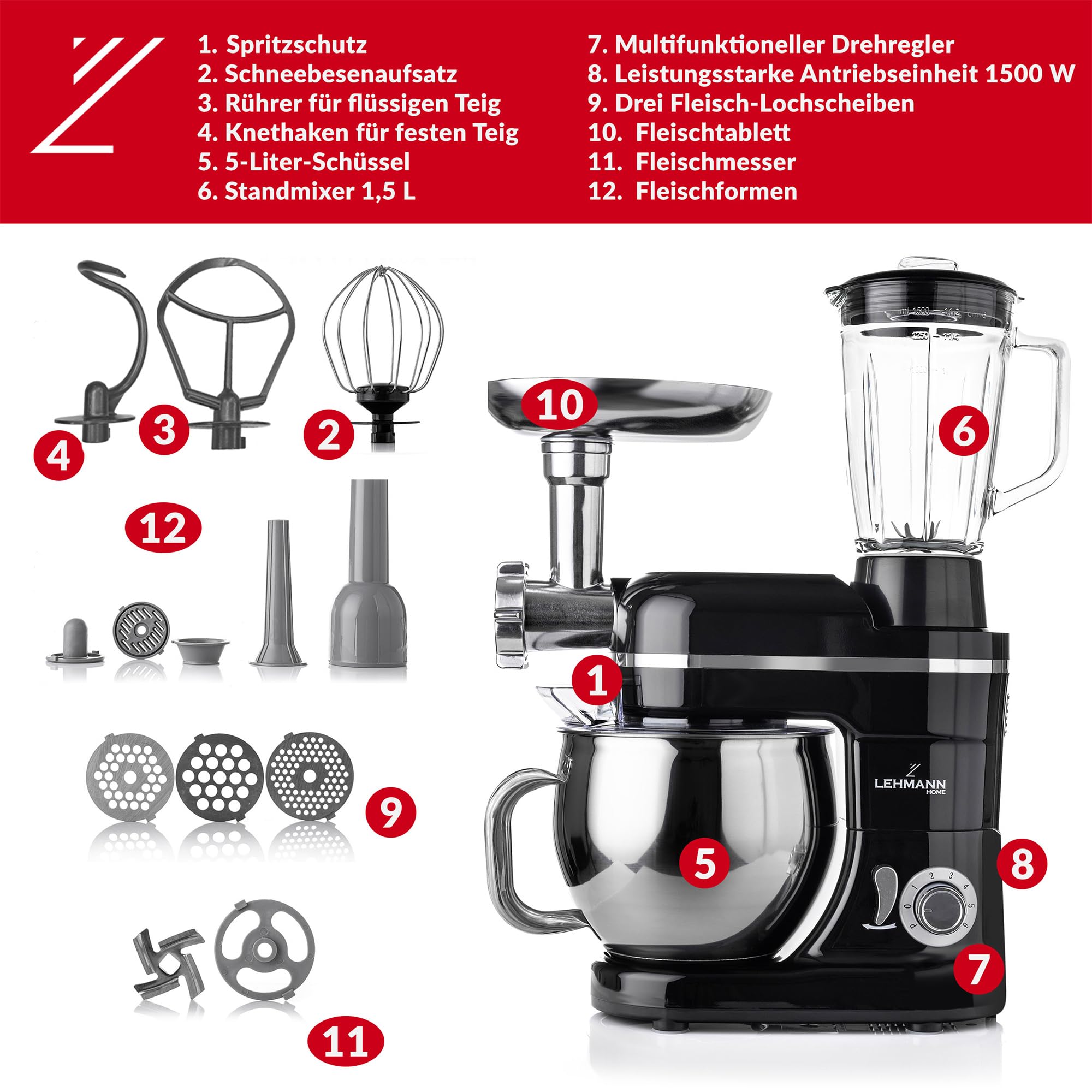 LEHMANN Küchenmaschine 3 in 1 mit Fleischwolf & Glasmixer 1,5L, Knetmaschine mit 5L Edelstahlschüssel, Planetarischem Rührsystem, 6 Stufen + Pulse, Teigmaschine für Brot, Pizza & Kuchenteig