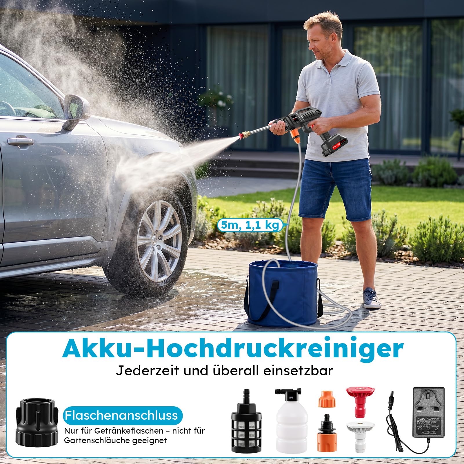 Akku Hochdruckreiniger 21V, Tragbarer Hochdruckreiniger 60 Bar, Kabelloser Mobiler Hochdruckreiniger mit 2 Akkus, Multifunktionsdüse, 5m Schlauch, Auto Garten Terrassen Reinigung (Eimer)