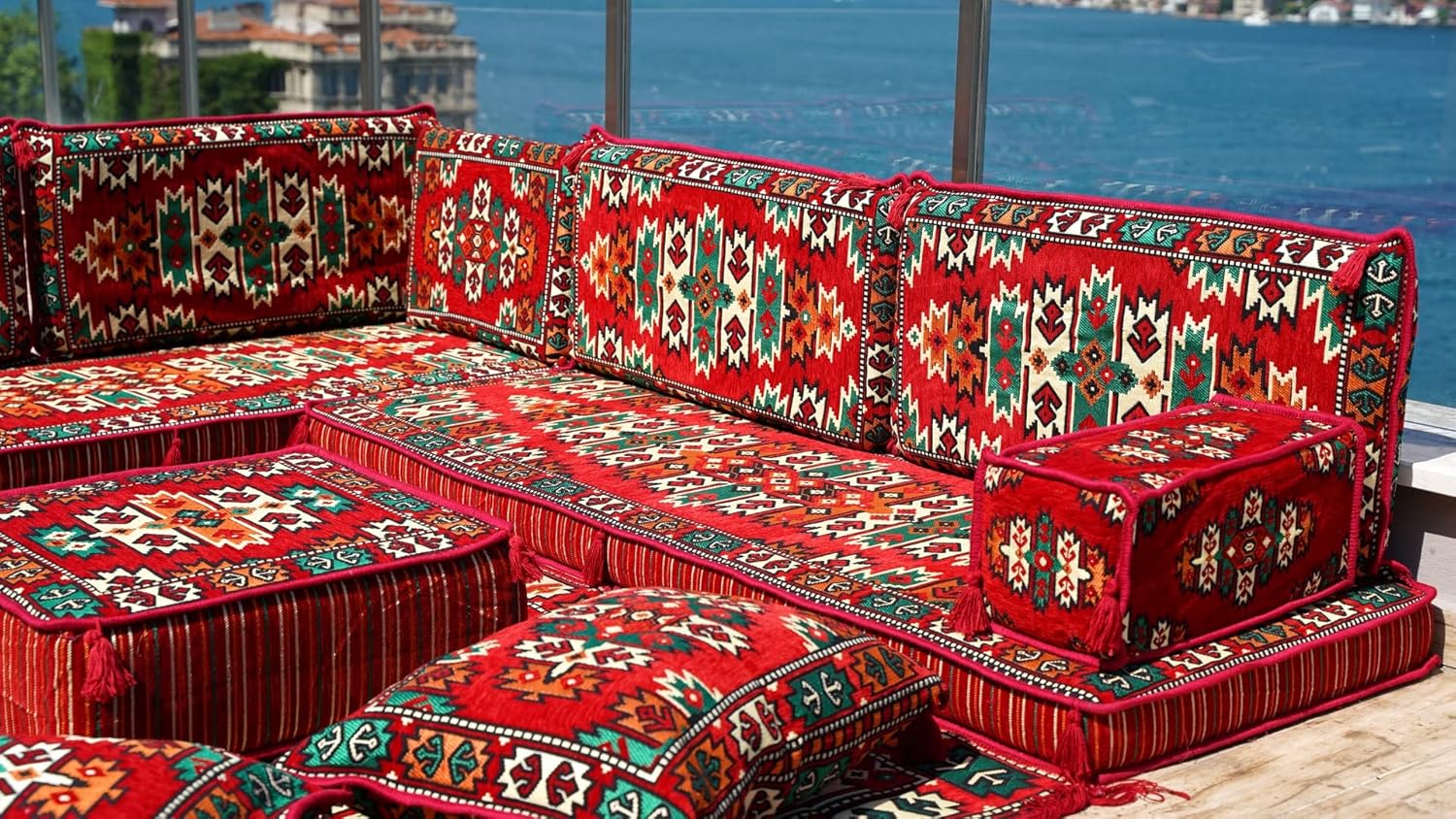 arabicsofa Traditional Red L Shaped Arabic Seating – Corner Sofa with Backrest Pillows