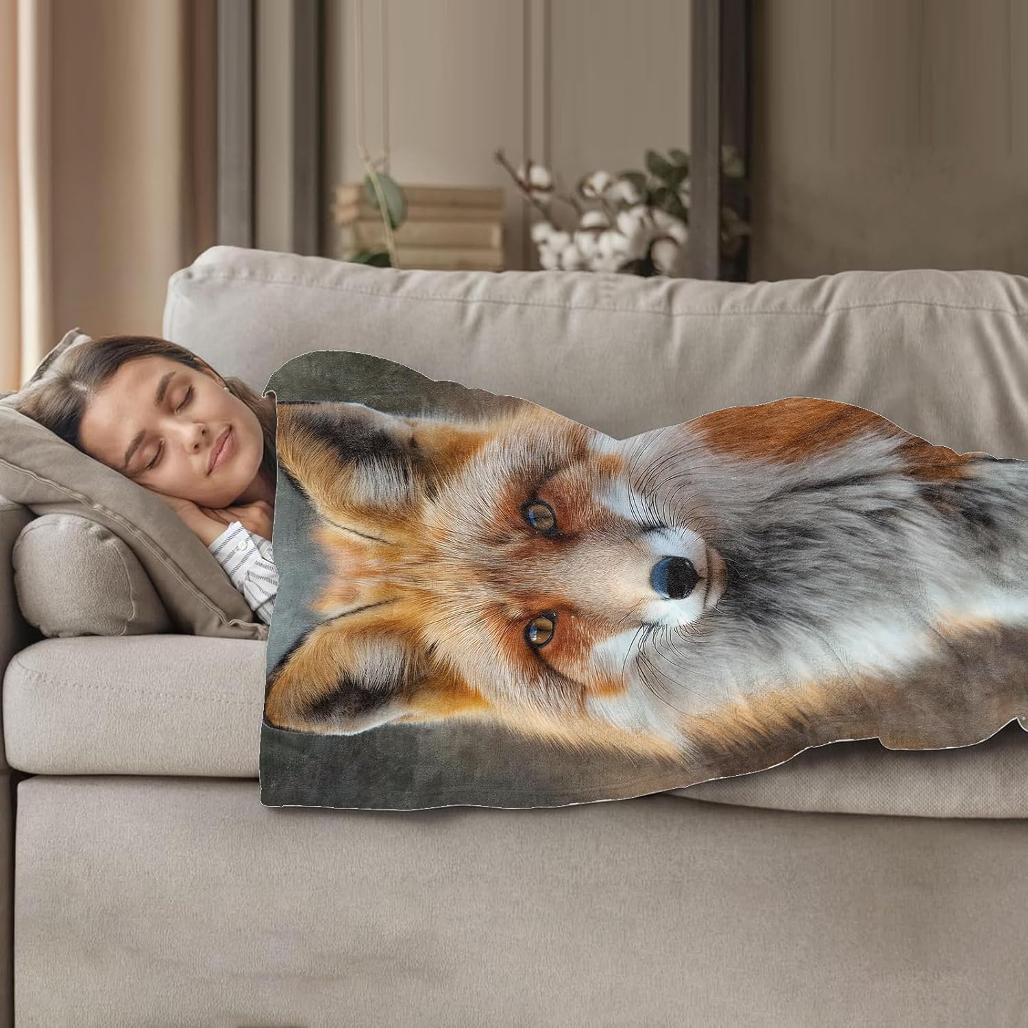 Fox Throw Blanket 50x60 Inch, Wildlife Themed for Rustic Home Decor, Realistic Flannel Blanket, Gifts for Women