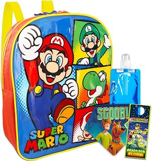 Super Mario Mini School Backpack - Bundle with Super Mario Backpack for Boys Girls Kids with Water Pouch, Scooby Doo Stickers, More | Mario Mini Preschool Bag