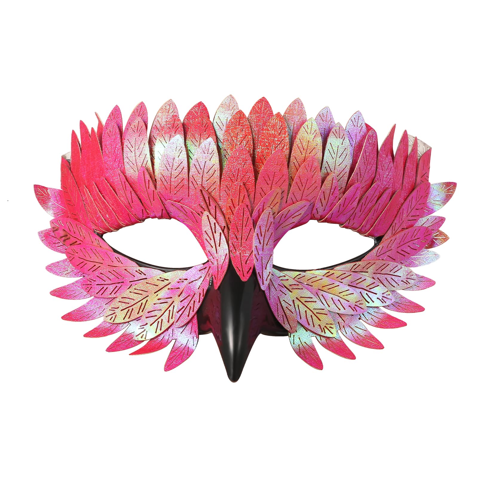 JewelryWe Raven Half Face Mask: Women's Iridescent Feather Crow Masks for Masquerade Halloween Party Cosplay (Pink)