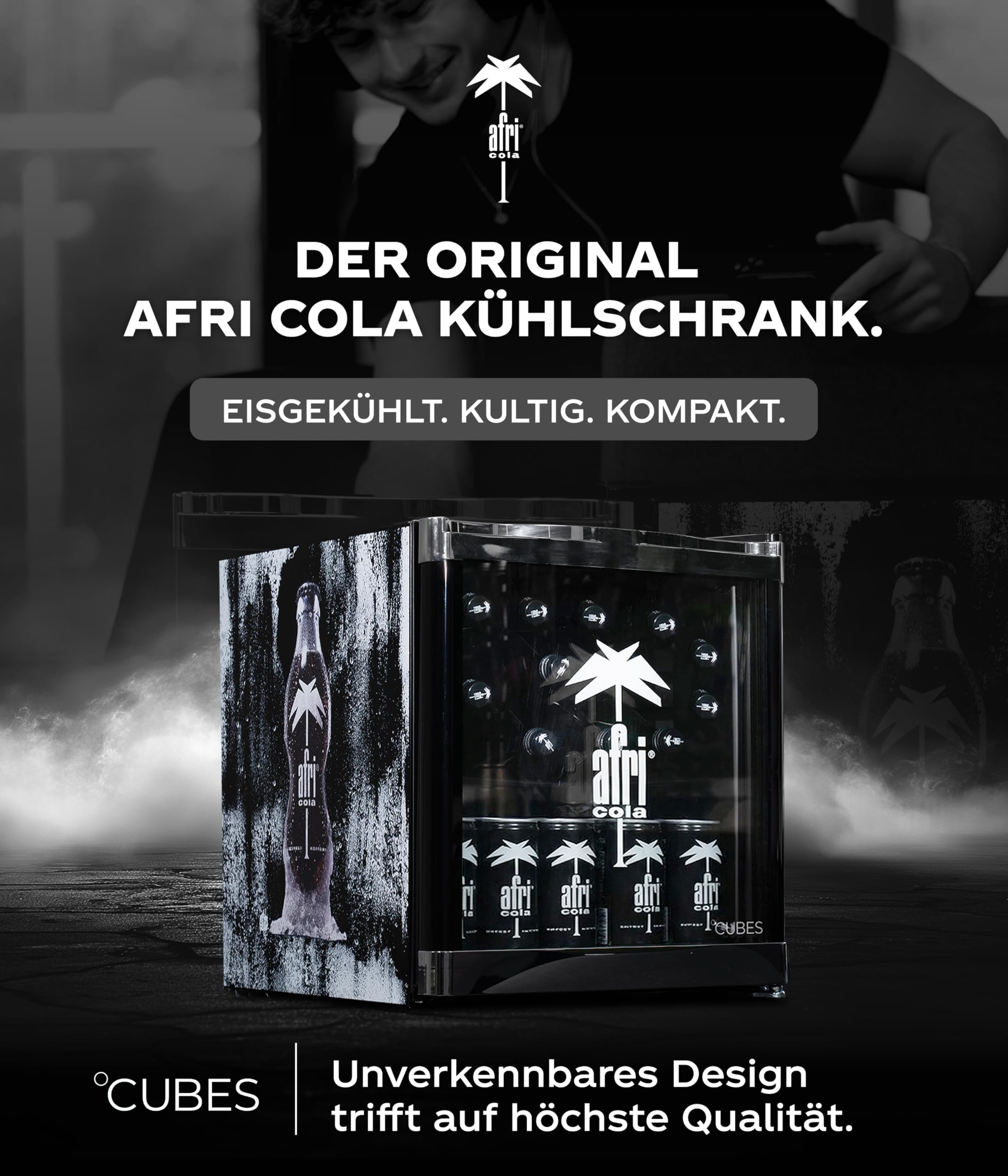 Afri Cola Mini Getränkekühlschrank 48L Schwarz Kompakter Flaschenkühlschrank Glastür wechselbarer Türanschlag Leise energieeffizient Getränkekühler