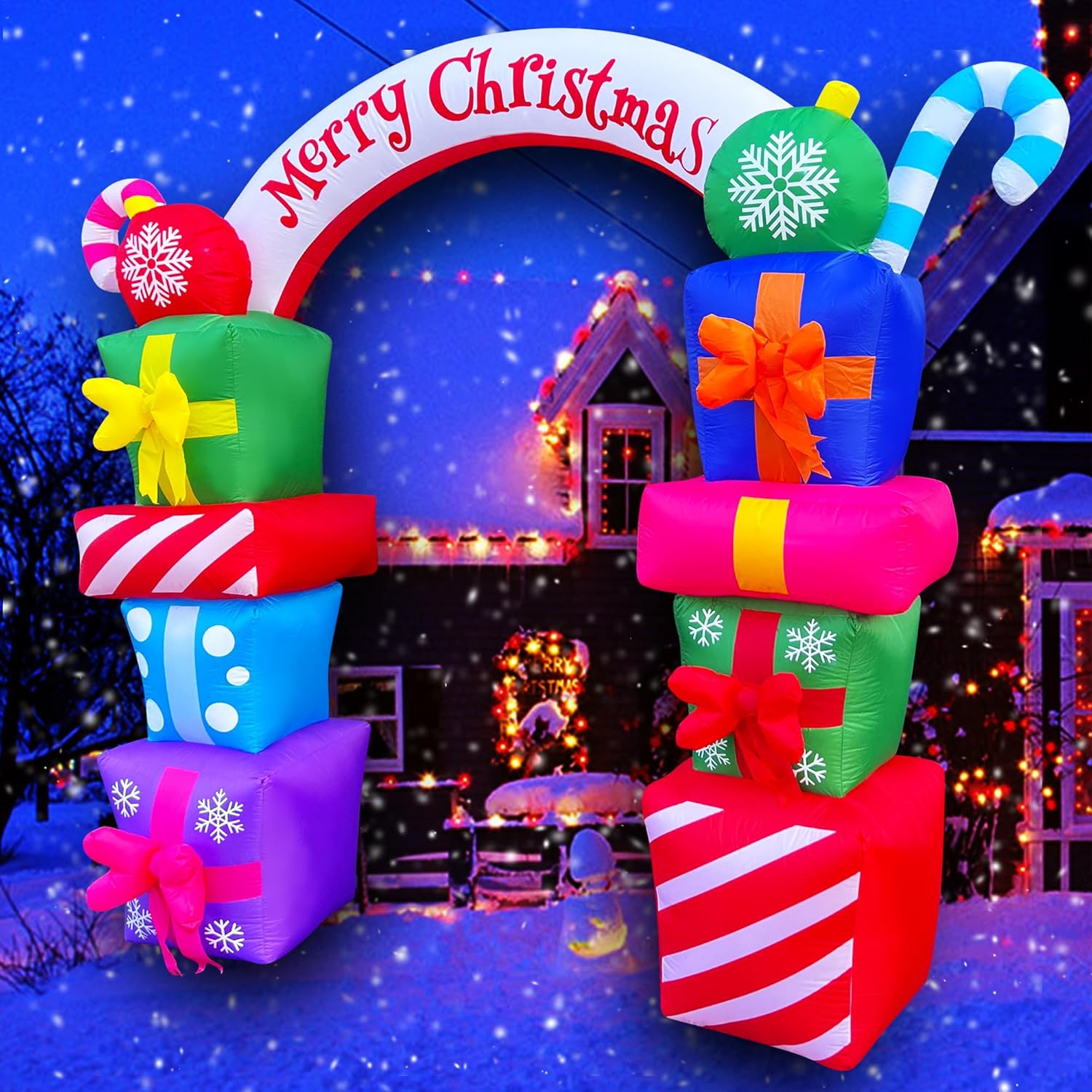 SEASONBLOW 8 FT Christmas Inflatable Gift Boxes Arch Archway with Candy Merry Christmas Decoration Blow Up LED Lighted for Xmas Lawn Yard Garden Home Indoor Outdoor