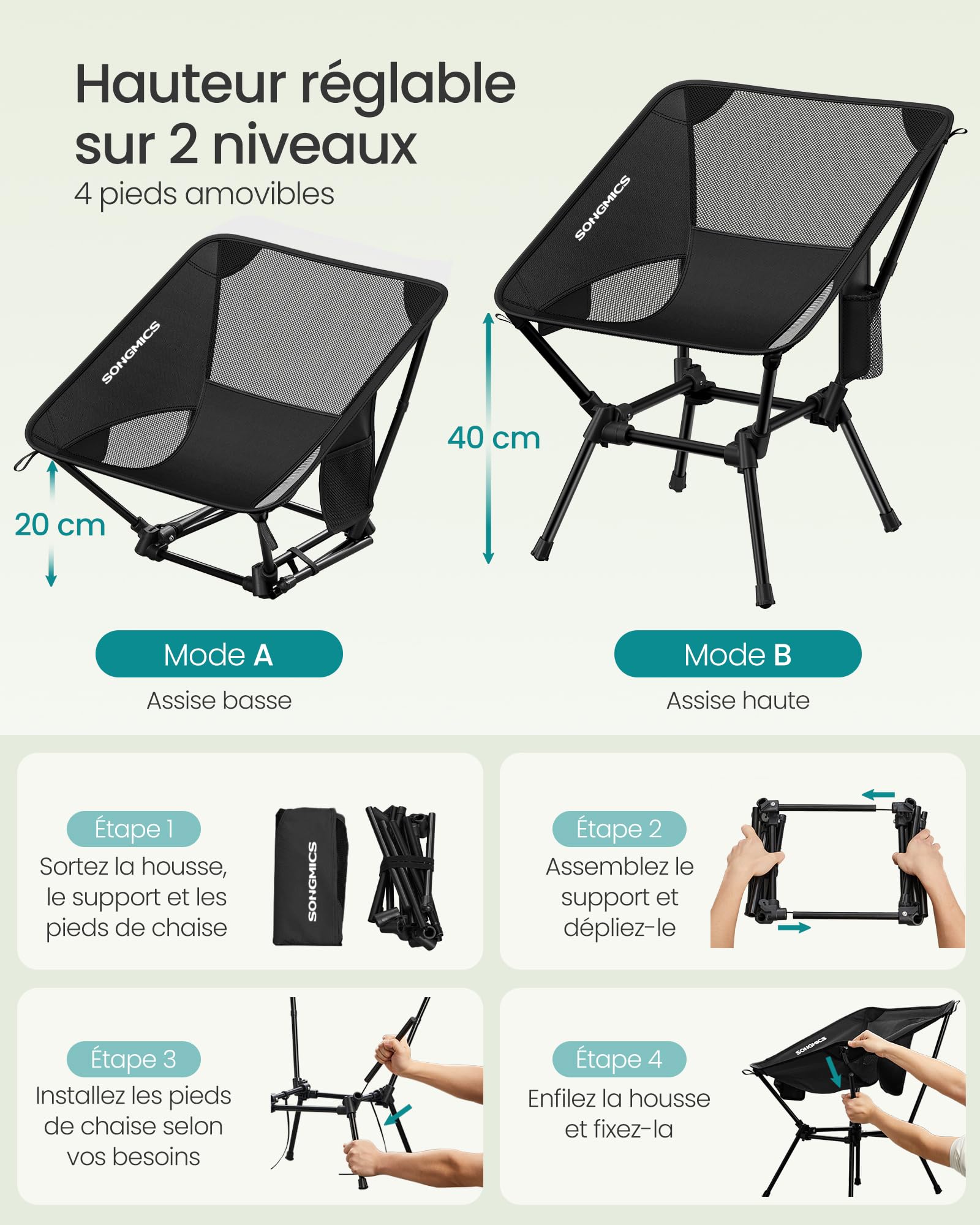SONGMICS Chaises de Camping, Chaises de Plage Pliantes Hauteur Réglable, Structure en Acier, Supporte 150 kg, 2 Poches de Rangement par Siège, pour Voyages, Lot de 2, Noir GCB052BZ01