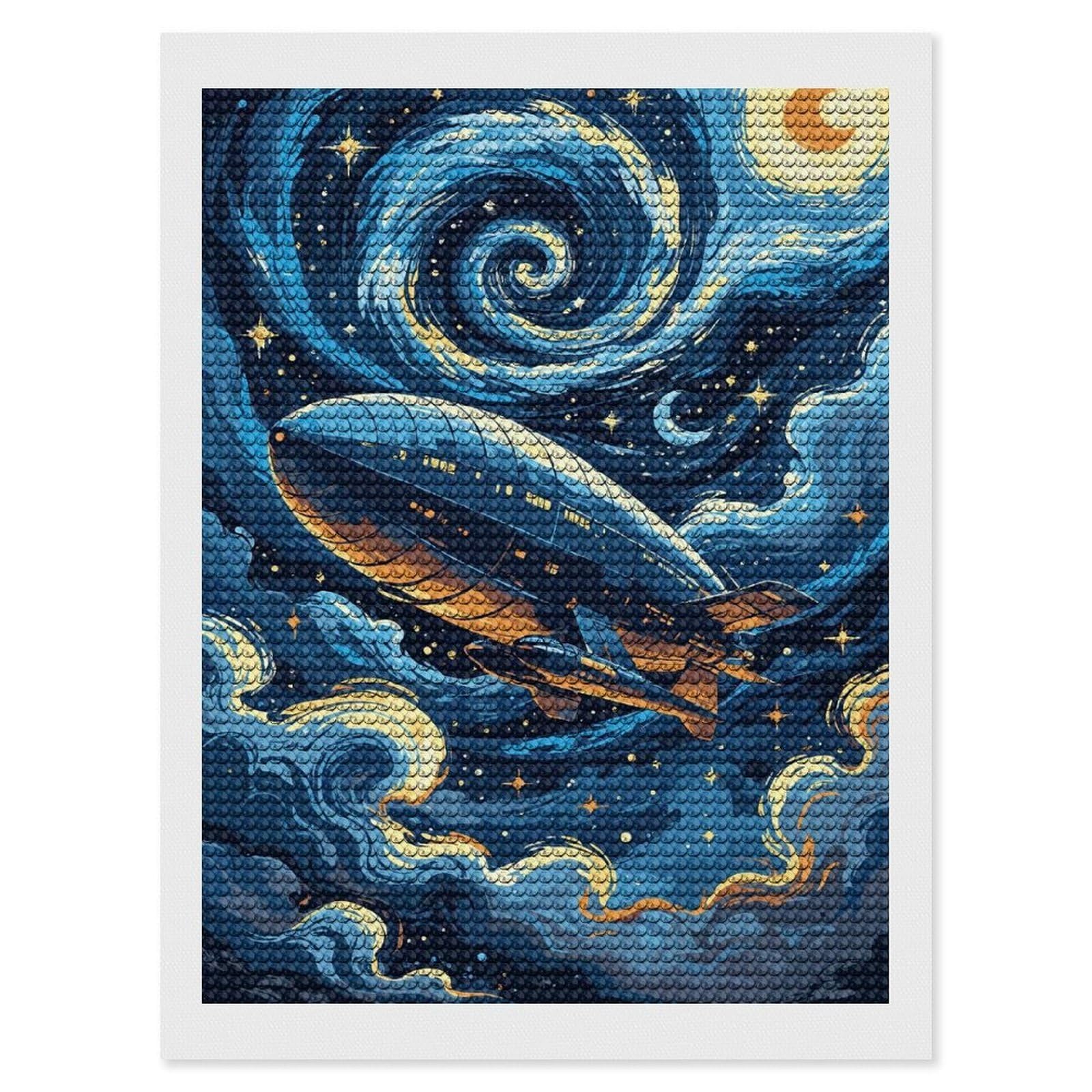 Junmoney Airship in Starry Night Sky DIY Diamond Art Canvas Kit 12"x16", for Adults, Decorate Your Room, Gift Idea, Modern Decor, Finish and Display