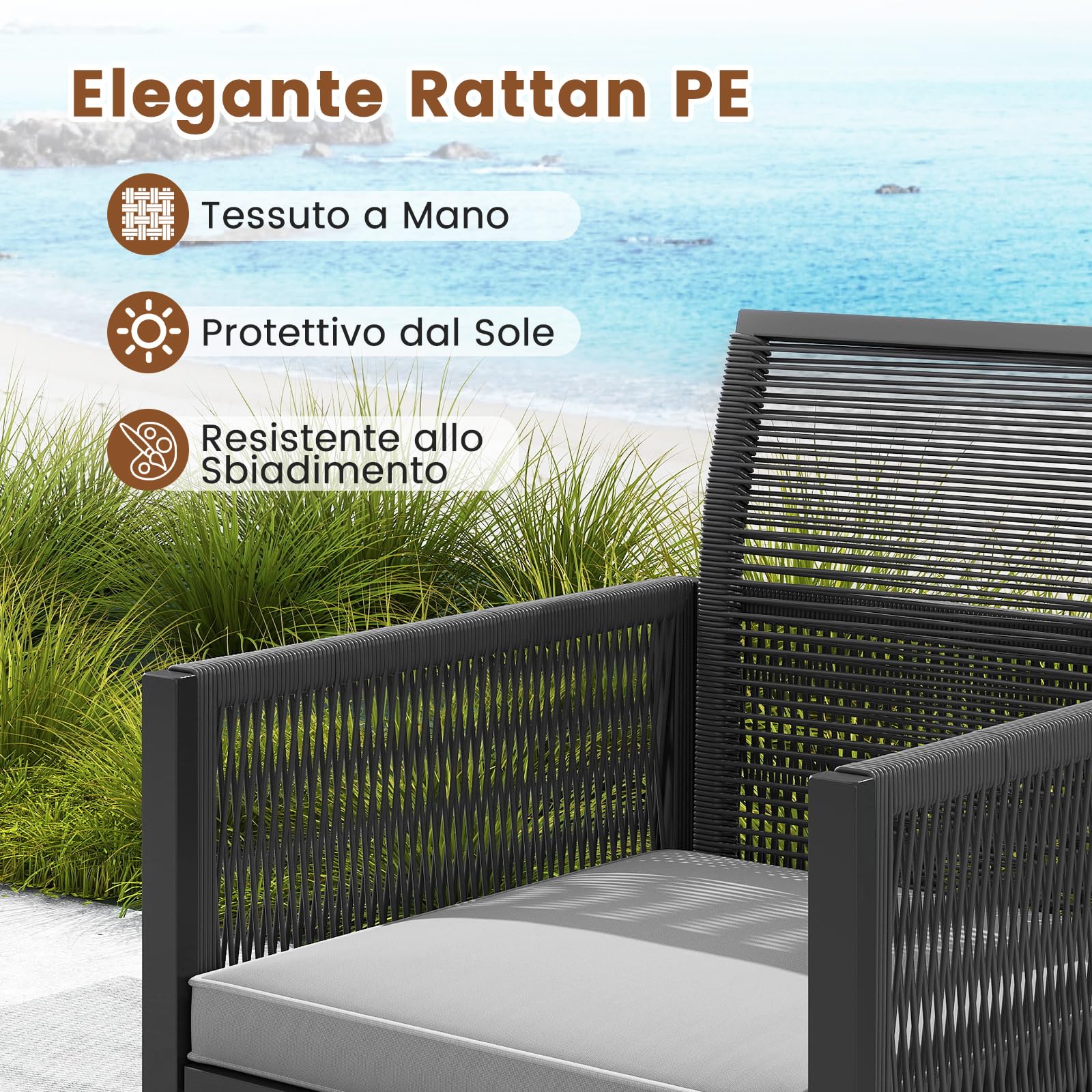 COSTWAY 5 Pezzi Set da Esterno in Rattan PE con Cuscini | Set Mobili da Giardino con Sedie Poggiapiedi e Tavolino da Caffè, Poltrone Lounge Salvaspazio per Balcone, Piscina e Cortile