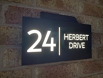 One of a Kind Design UK Personalised Contemporary Solar Light House Sign 305x155MM Personalised Address Number Plate Rectangular House Sign LED Illuminated UV Stable, Grey