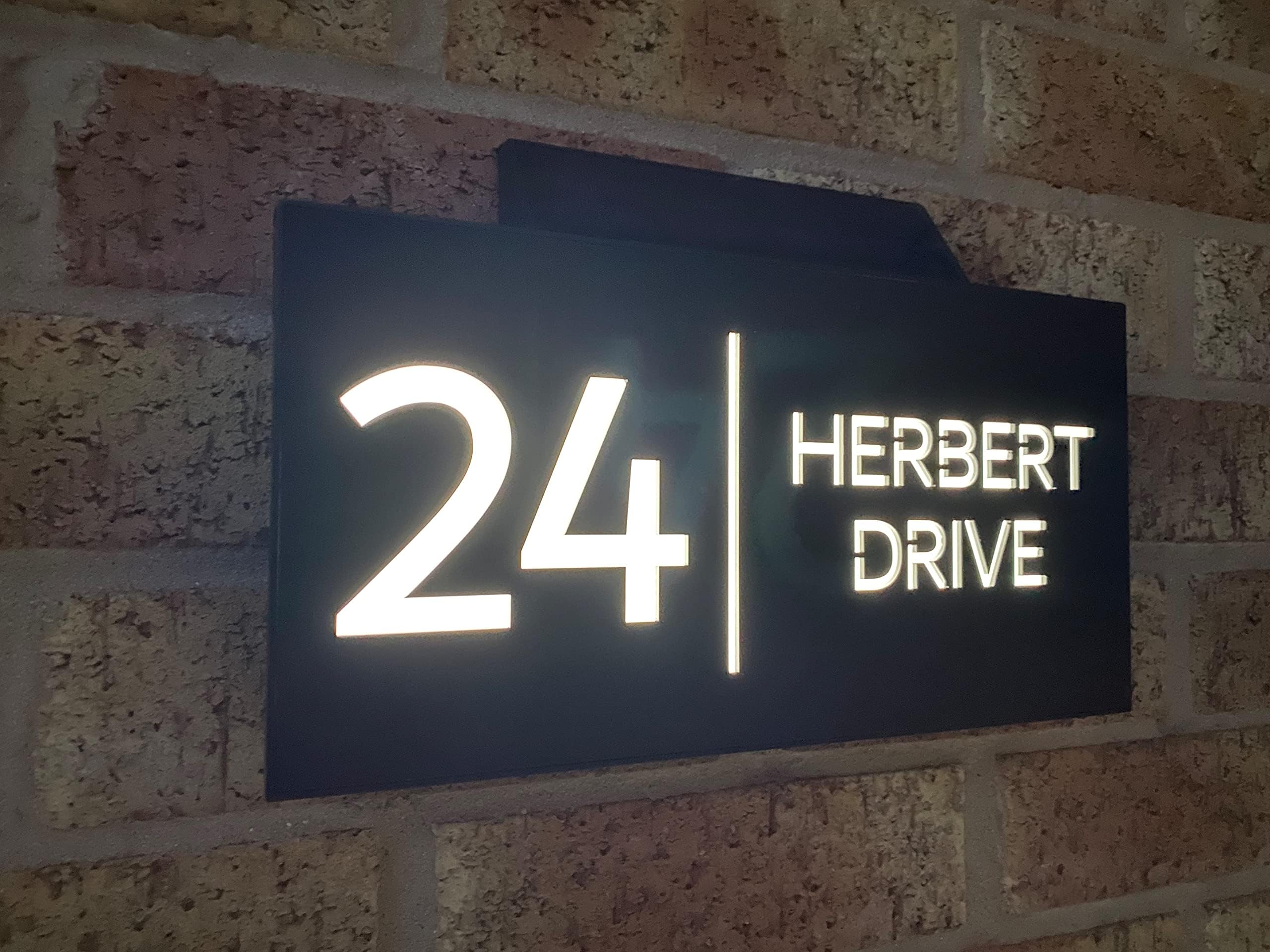 One of a Kind Design UK Personalised Contemporary Solar Light House Sign 305x155MM Personalised Address Number Plate Rectangular House Sign LED Illuminated UV Stable, Grey