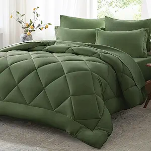 Anluoer King Comforter Set,Olive Green Bed in a Bag 7 Piece,Lightweight Bedding Set with Soft Down Alternative Fill,Bed Set Includes Comforter, Fitted Sheet, Flat Sheet,Pillowcases and Shams