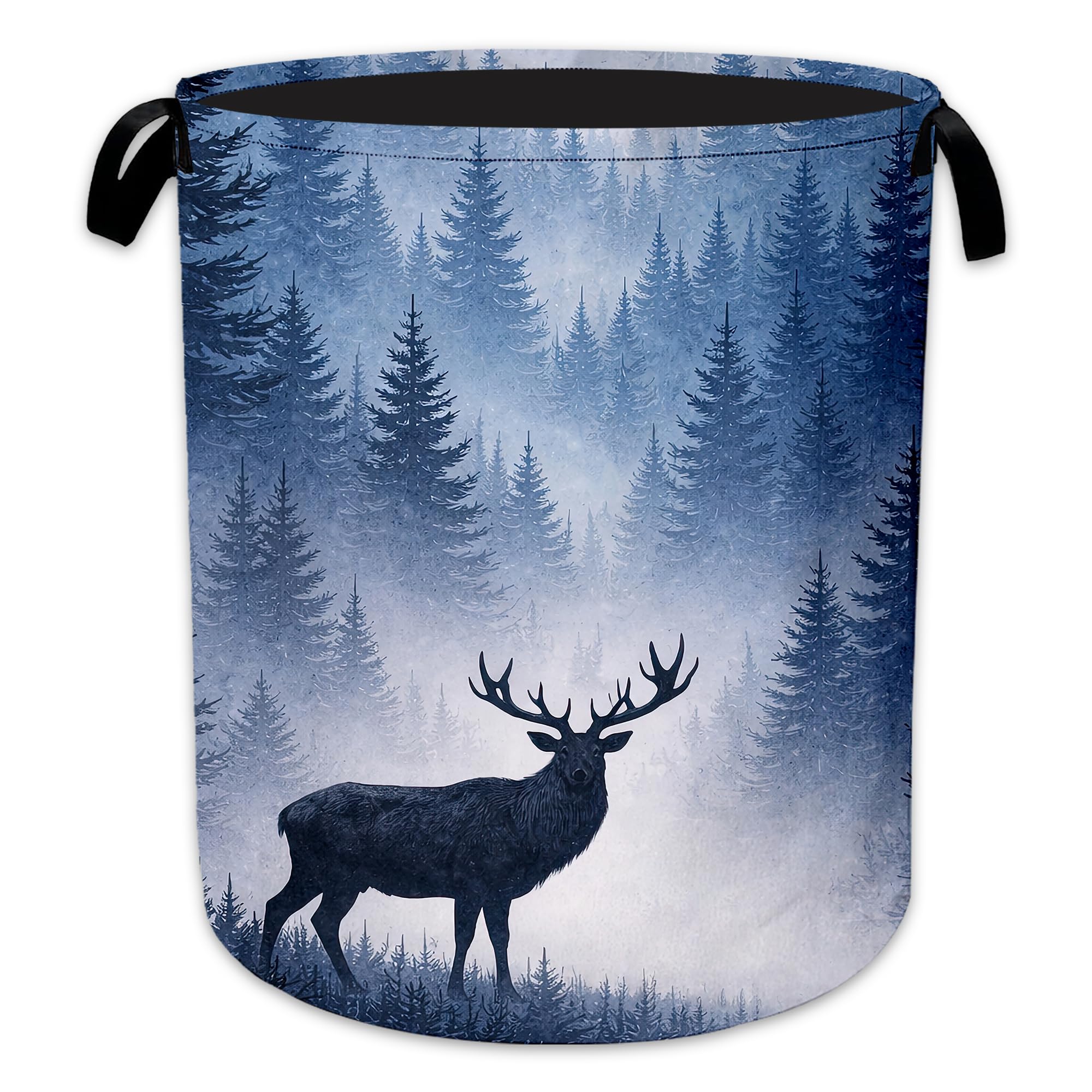 Deer Forest Laundry Basket, Winter Landscape Collapsible Laundry Hamper Waterproof Oxford Cloth With Handles, Clothes Storage Bucket For Bathroom/Bedroom 16" x 20.8"