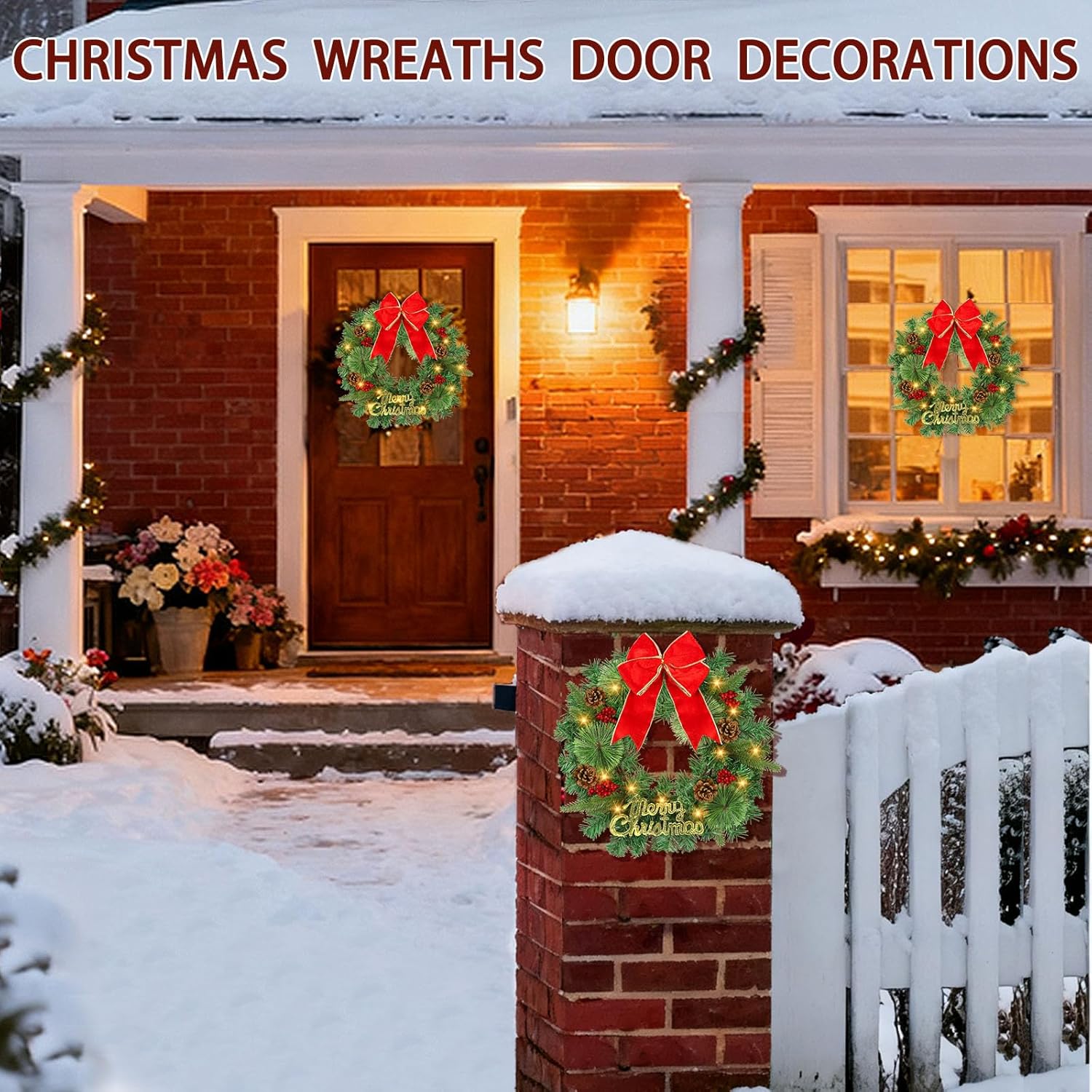 15 Inch Christmas Wreath Decorations,Set of 3 Pre-Lit Mini Kitchen Cabinet Christmas Wreaths with Red Bows&Pine Cones& Berries &Hooks & Storage Bag for Front Door, Windows, Fireplace (Indoor/Outdoor)