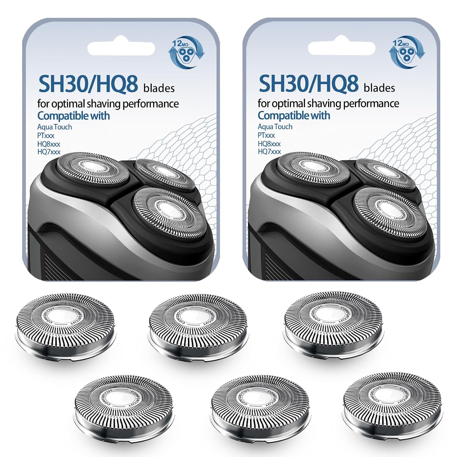 Upgraded SH30/52 Replacment Blades for Series 1000, 2000, 3000 and PTxxx series Razors, Dual-Ring Precision Shaving Heads with Titanium Coating, 6Pack.