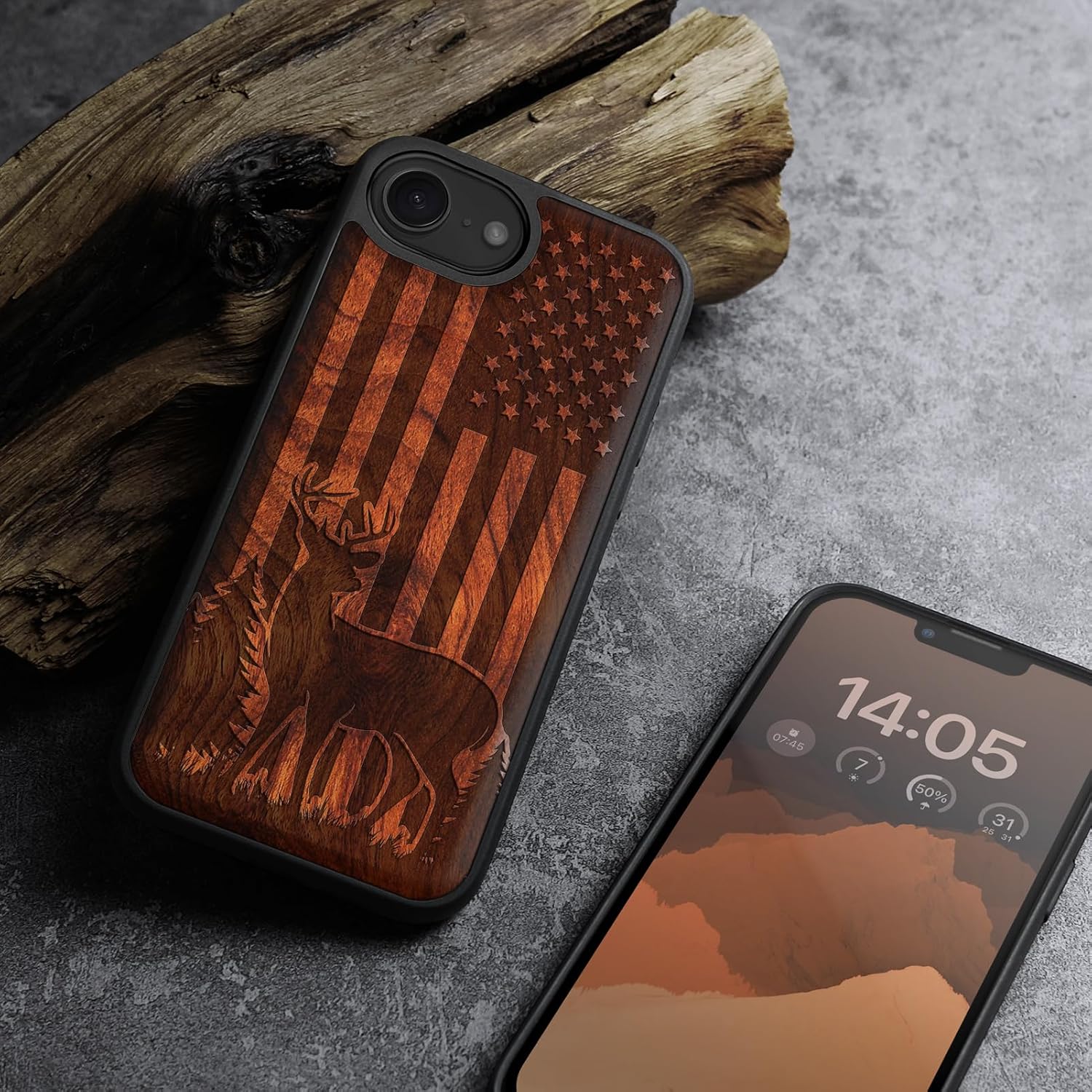 Carveit Magnetic Wooden Case for iPhone 16e / 17e, Solid Wood & Black TPU, Artisan Engraved Design, Shockproof Cover, Compatible with MagSafe Wireless Chargers, Patriotic Deer Silhouette - Rosy